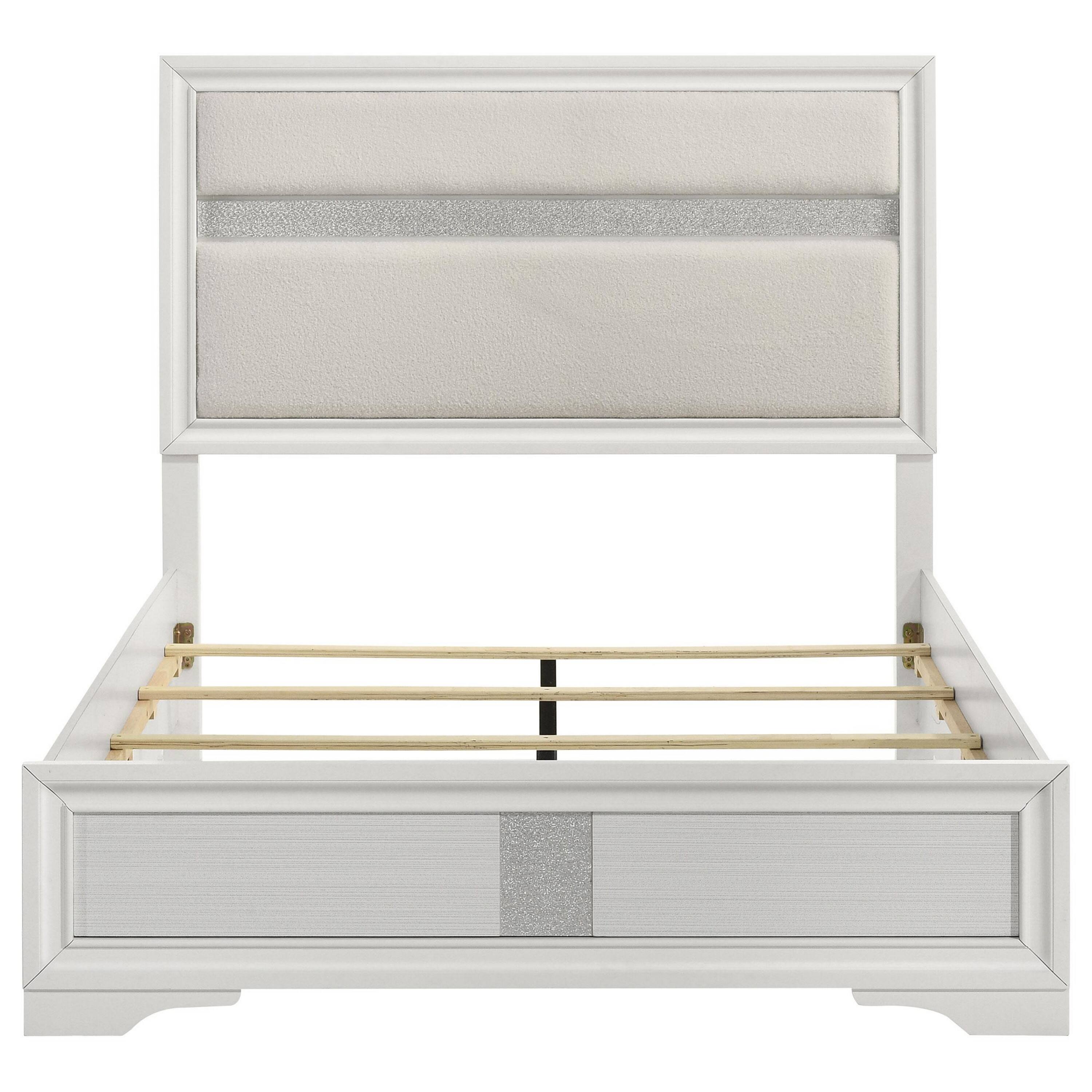 Angle. Manhattan Lane - Vino Full Size Bed, Panel Headboard, White Upholstery, Glitter Stripes - White.