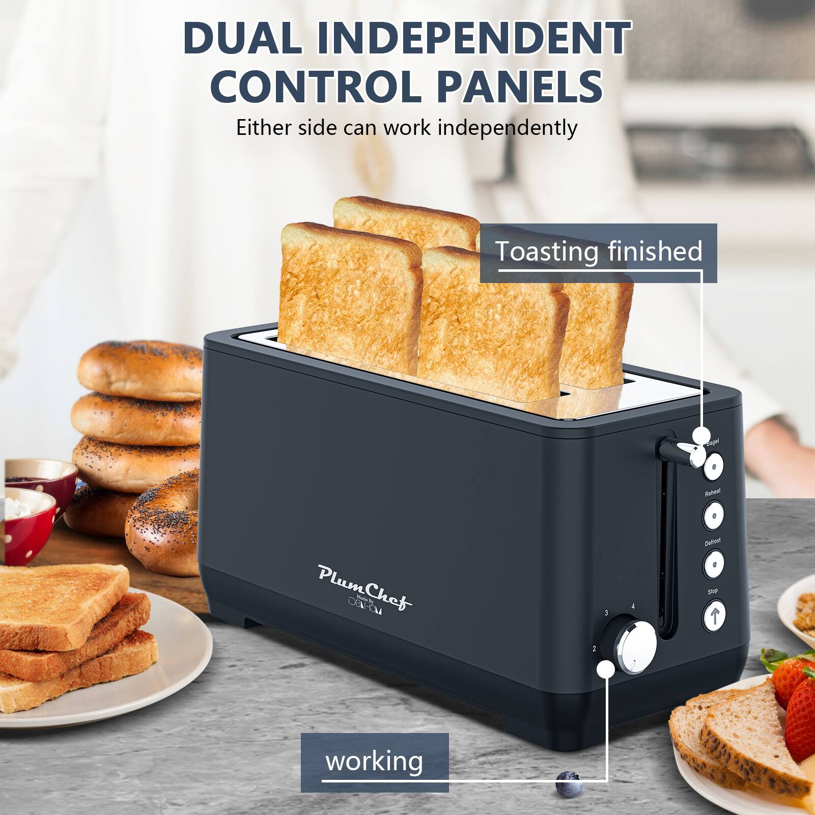 DUAL INDEPENDENT CONTROL PANELS  
Either side can work independently  

Toasting finished  

working