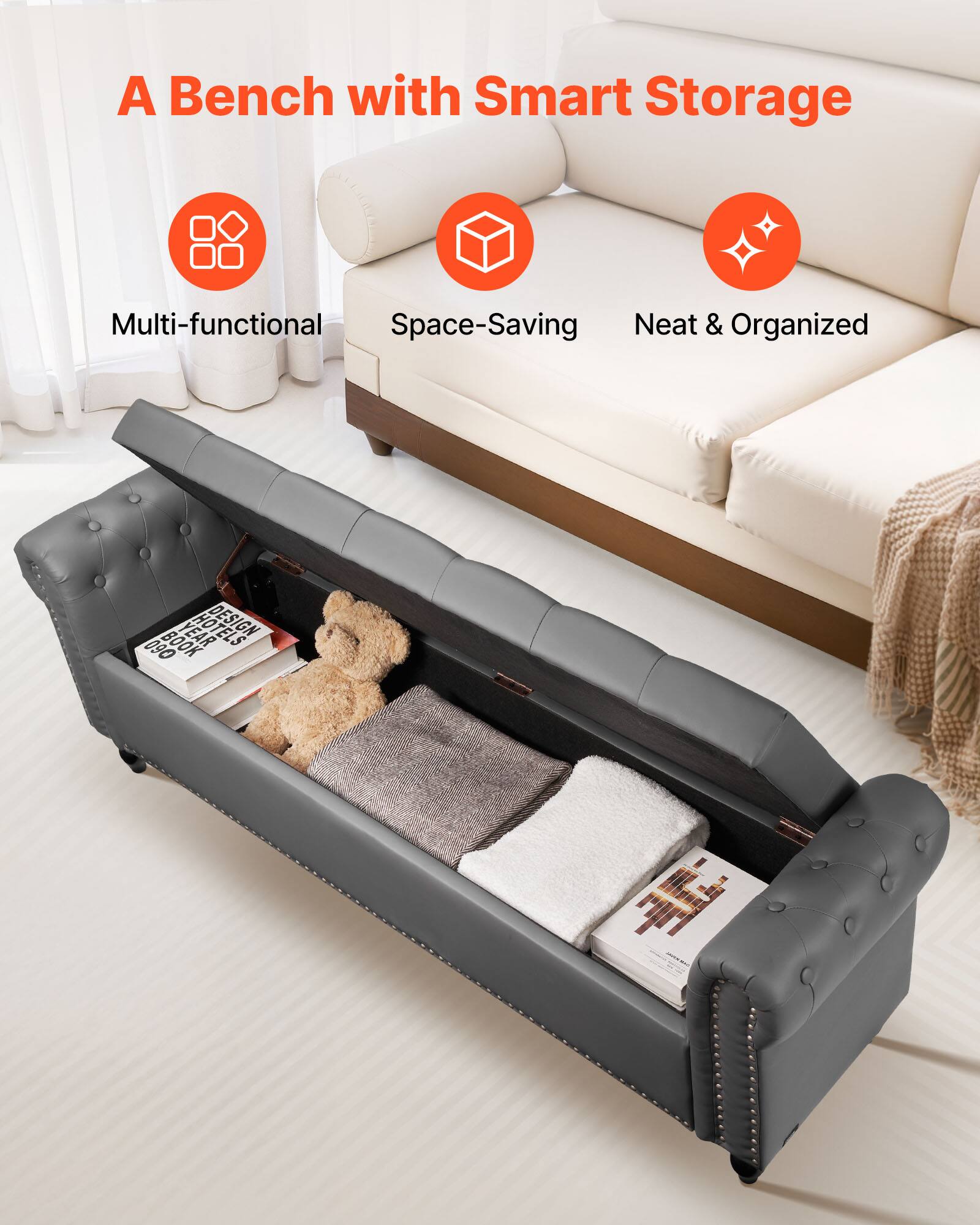 A Bench with Smart Storage

- Multi-functional
- Space-Saving
- Neat & Organized