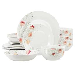 Elama - Poppy 16 Piece Porcelain Double Bowl Dinnerware Set, Service for 4 - White and Orange