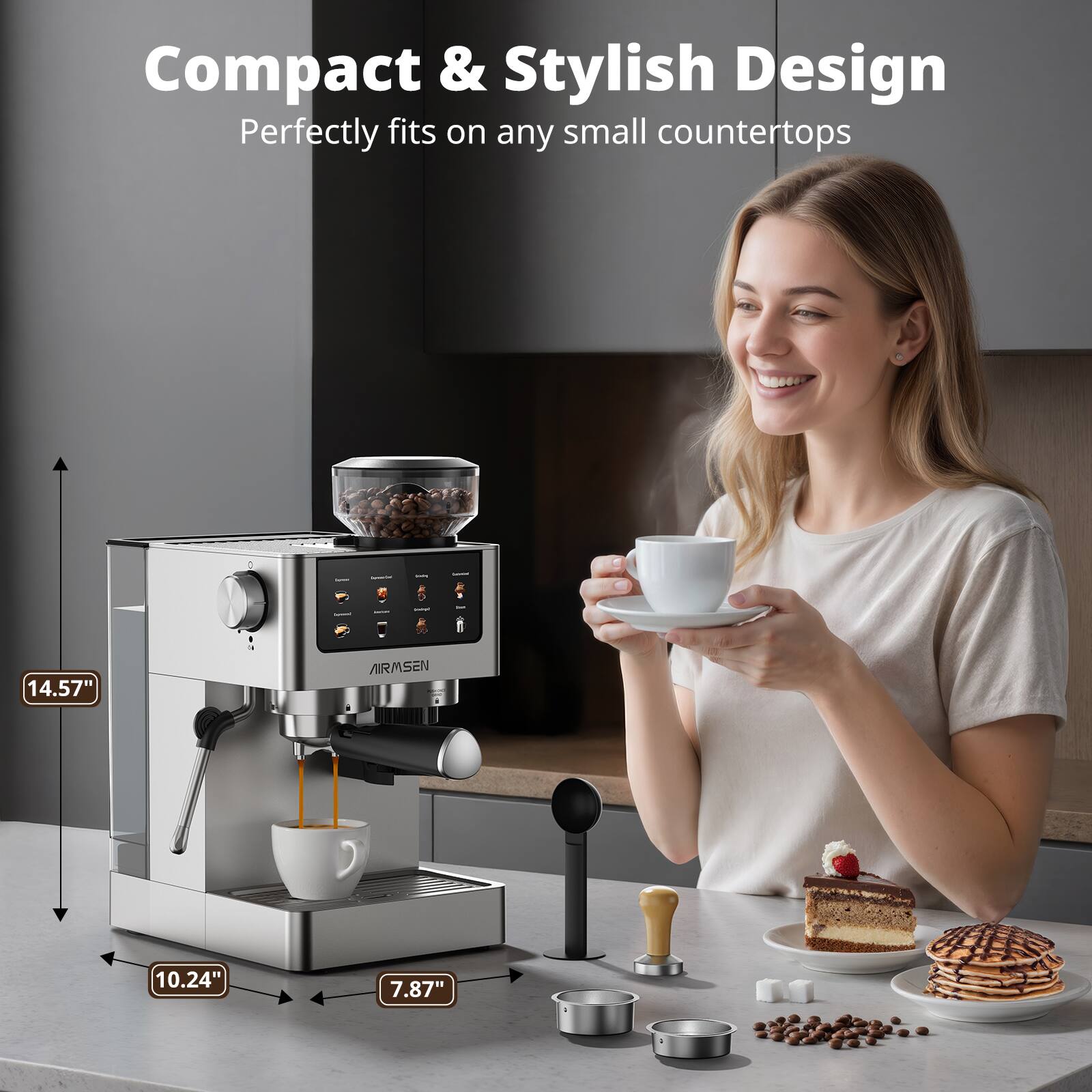 Compact & Stylish Design  
Perfectly fits on any small countertops  

14.57"  
10.24"  
7.87"