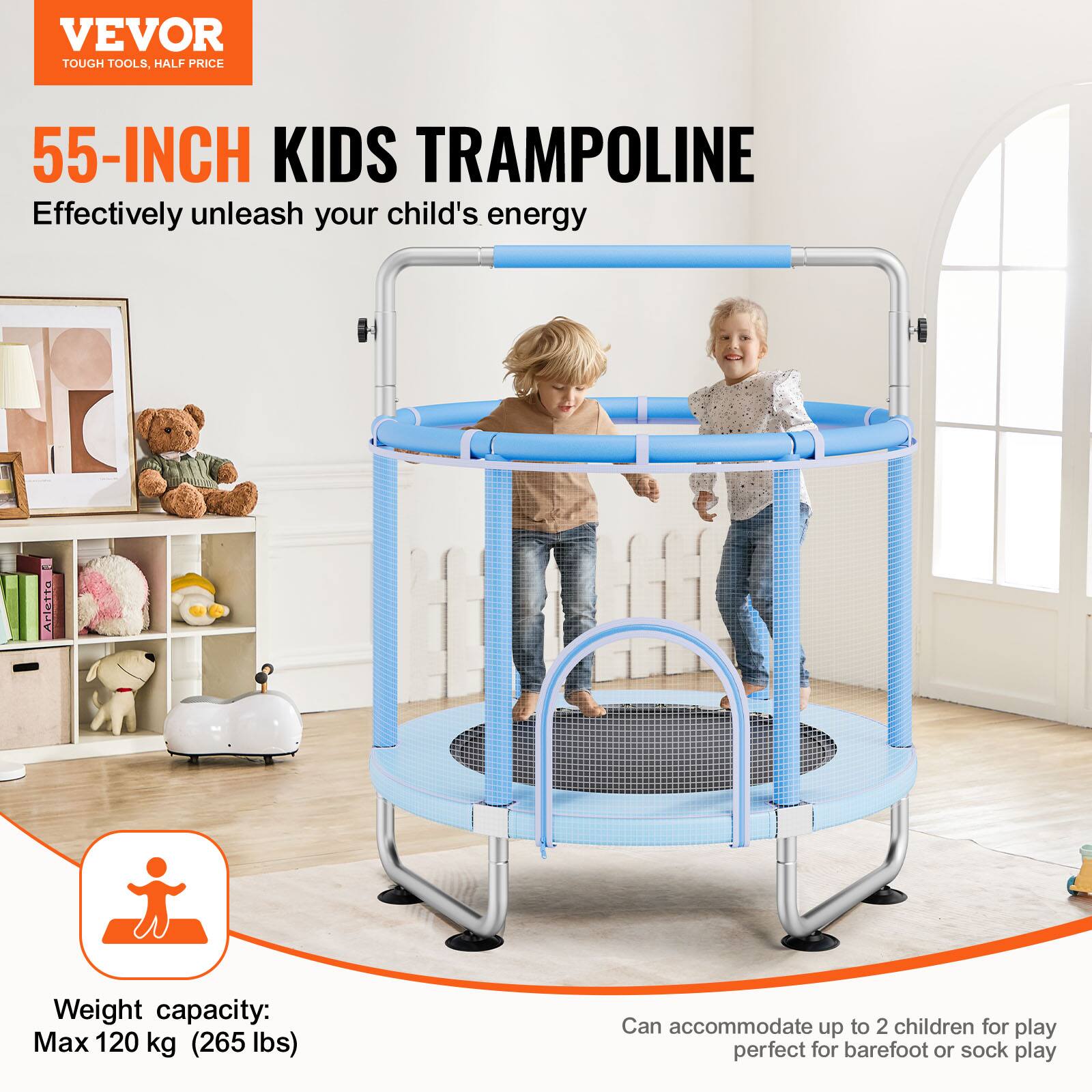**VEVOR TOUGH TOOLS, HALF PRICE**

**55-INCH KIDS TRAMPOLINE**

Effectively unleash your child's energy!

- Weight capacity: Max 120 kg (265 lbs)
- Can accommodate up to 2 children for play
- Perfect for barefoot or sock play
