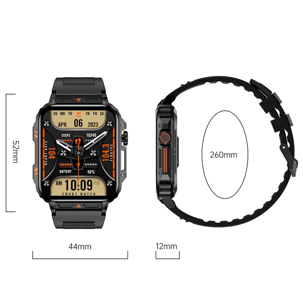 52mm  
RATE HEART  
SU MO TU WE TH FR SA  
APR 06 2023  
STEPS 10349 104 104.3  
BATTERY 50%  
AM 10:09 PM  
SMART WATCH  
CALORIE  
260mm  
44mm  
12mm