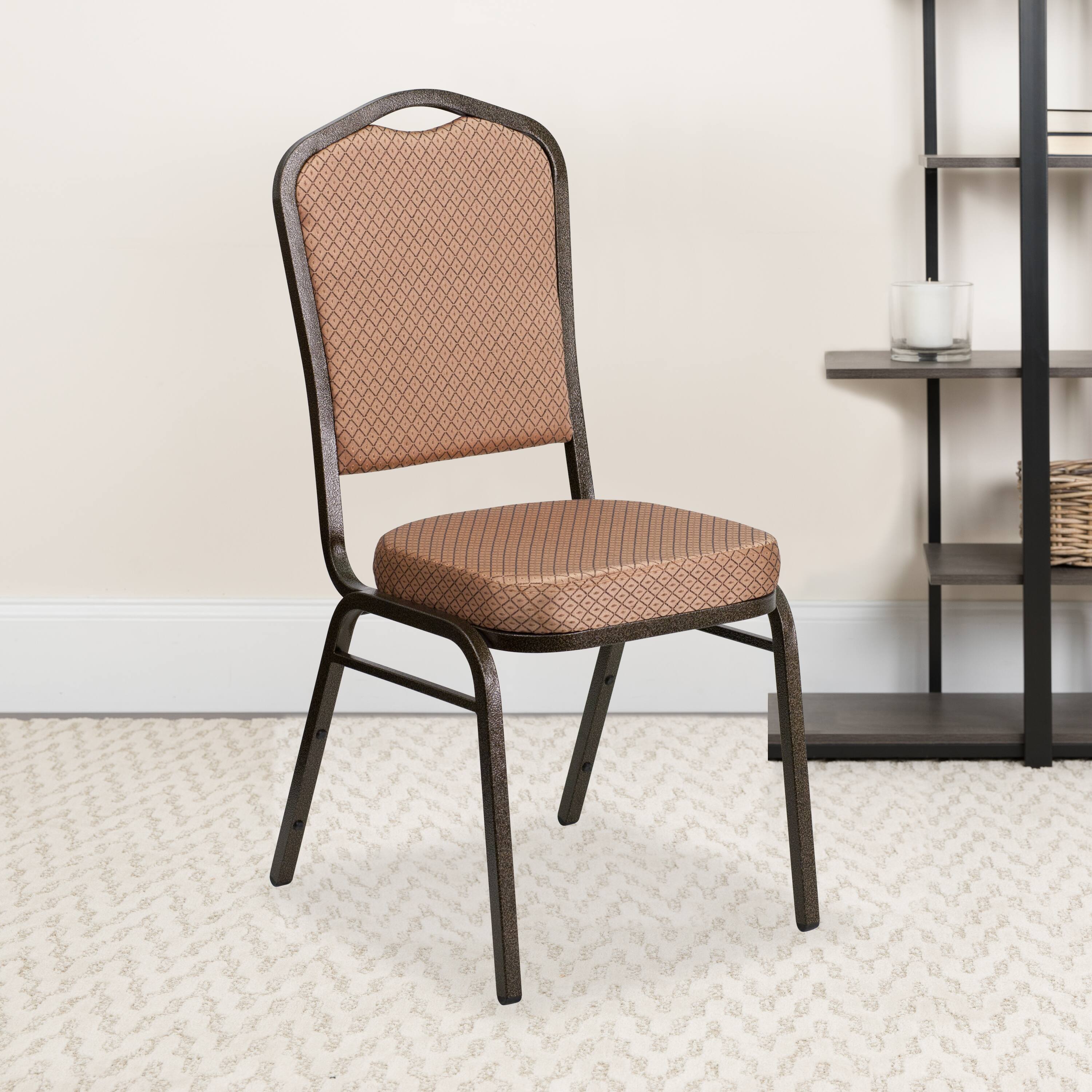 Alt View 2. Emma + Oliver - 4 Pack Crown Back Stacking Banquet Chair - Gold Diamond Patterned Fabric/Gold Vein Frame.