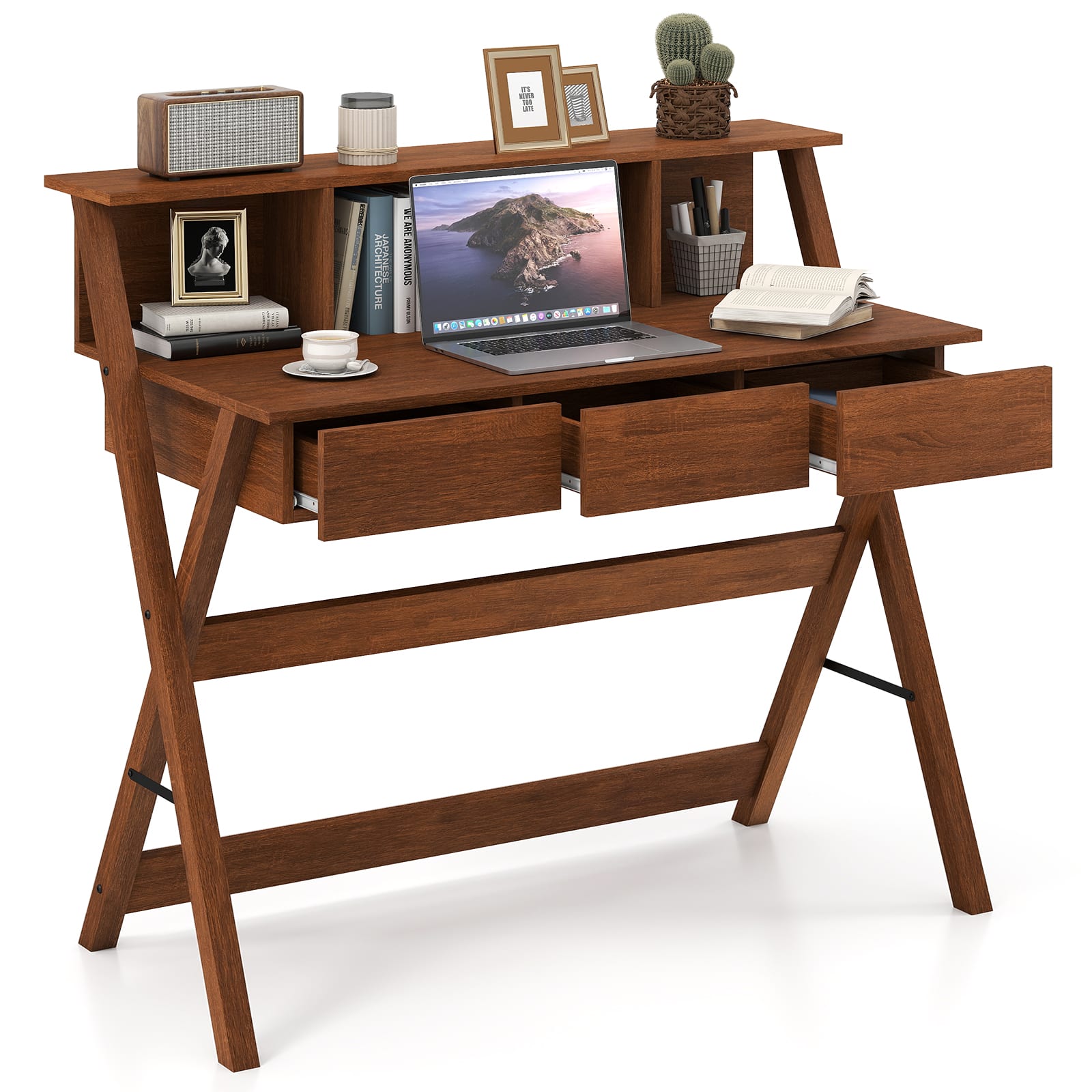 Gymax - Home Office Desk w/ 3 Drawers Built-in Monitor Stand Storage Writing Desk - Brown price history on PriceWatchPro