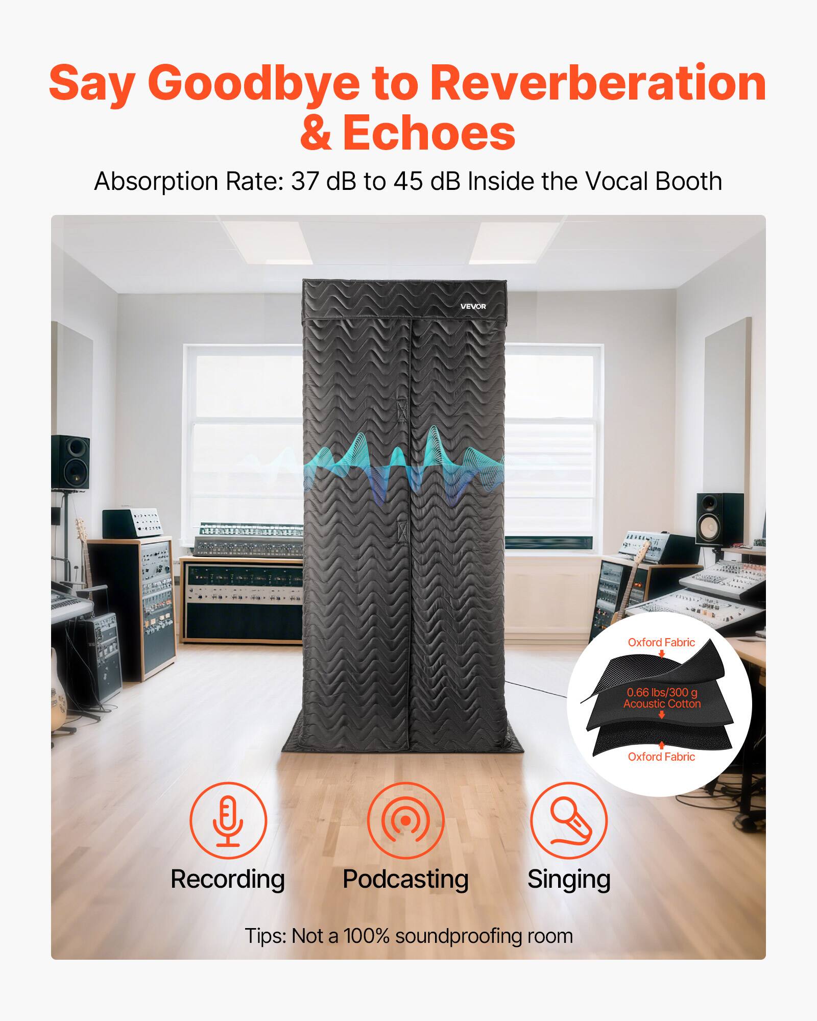 Say Goodbye to Reverberation & Echoes  
Absorption Rate: 37 dB to 45 dB Inside the Vocal Booth  

VEVOR  
Oxford Fabric  
0.66 lbs/300 g Acoustic Cotton  
Oxford Fabric  

Recording Podcasting Singing  

Tips: Not a 100% soundproofing room