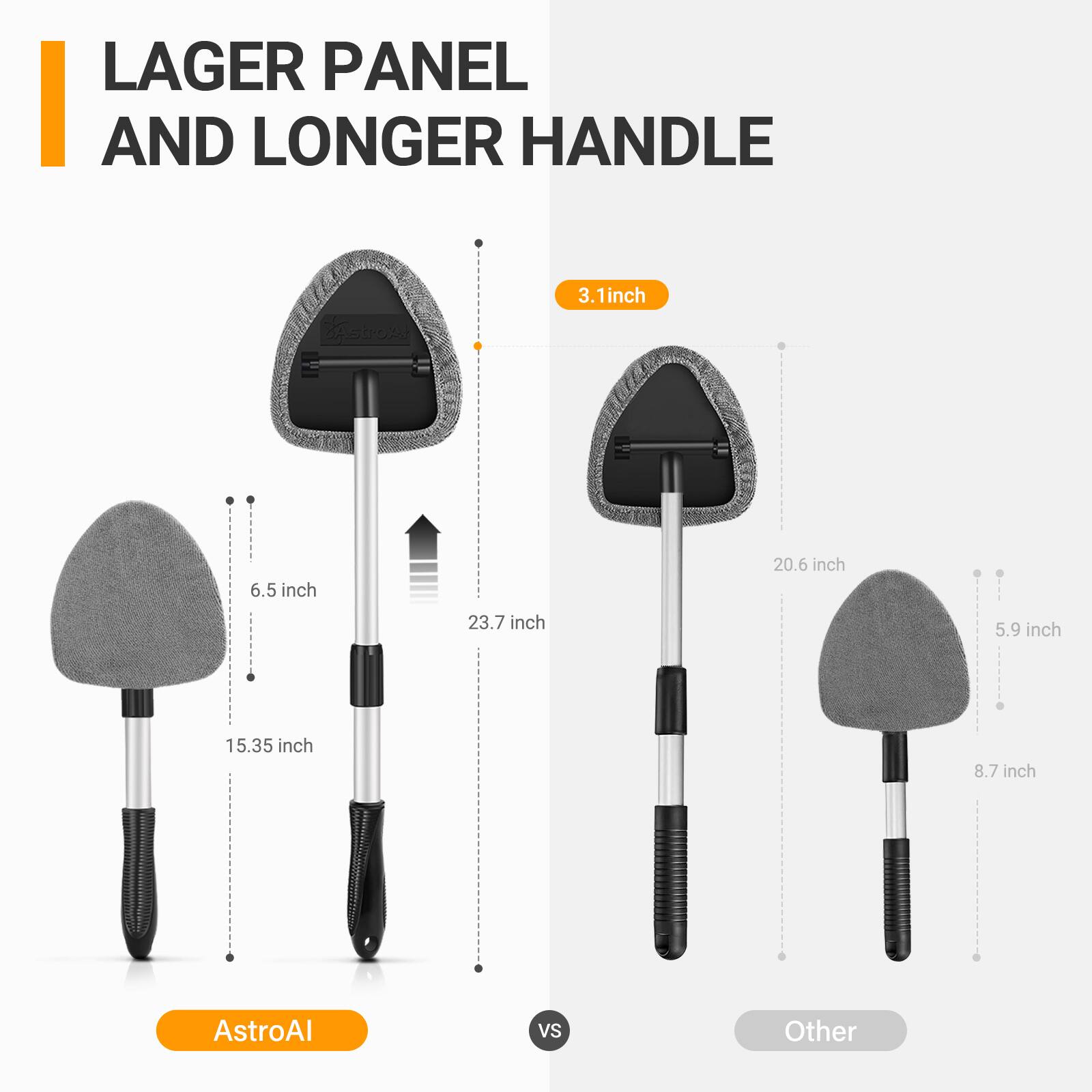LAGER PANEL AND LONGER HANDLE

AstroAl:
- 3.1 inch
- 6.5 inch
- 15.35 inch
- 23.7 inch

Other:
- 20.6 inch
- 5.9 inch
- 8.7 inch