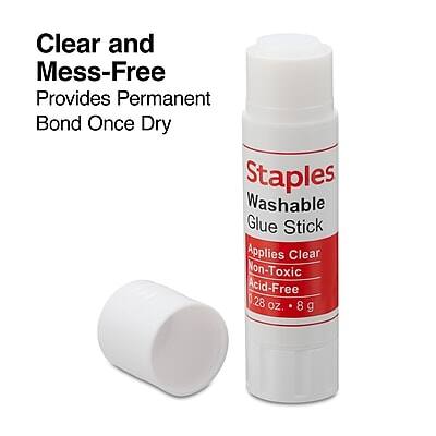 Clear and Mess-Free  
Provides Permanent Bond Once Dry  

Staples  
Washable Glue Stick  
Applies Clear  
Non-Toxic  
Acid-Free  
0.28 oz. - 8 g