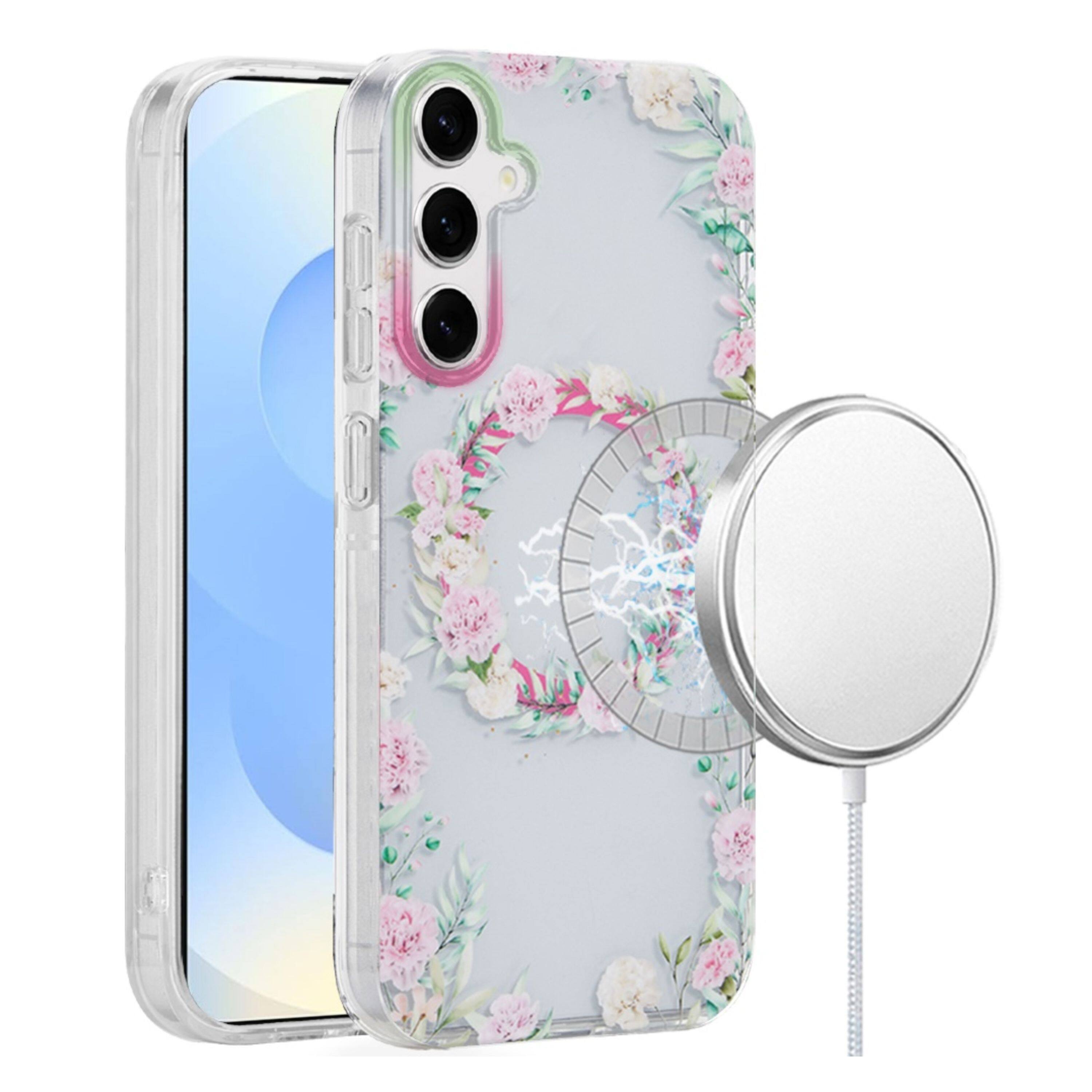 Left. Kitcheniva - Dual Layer TPU Design Case With Magnetic Circle Tempered Glass For Samsung Galaxy S25+/S24+ Green/Pink Floral - Multicolor.
