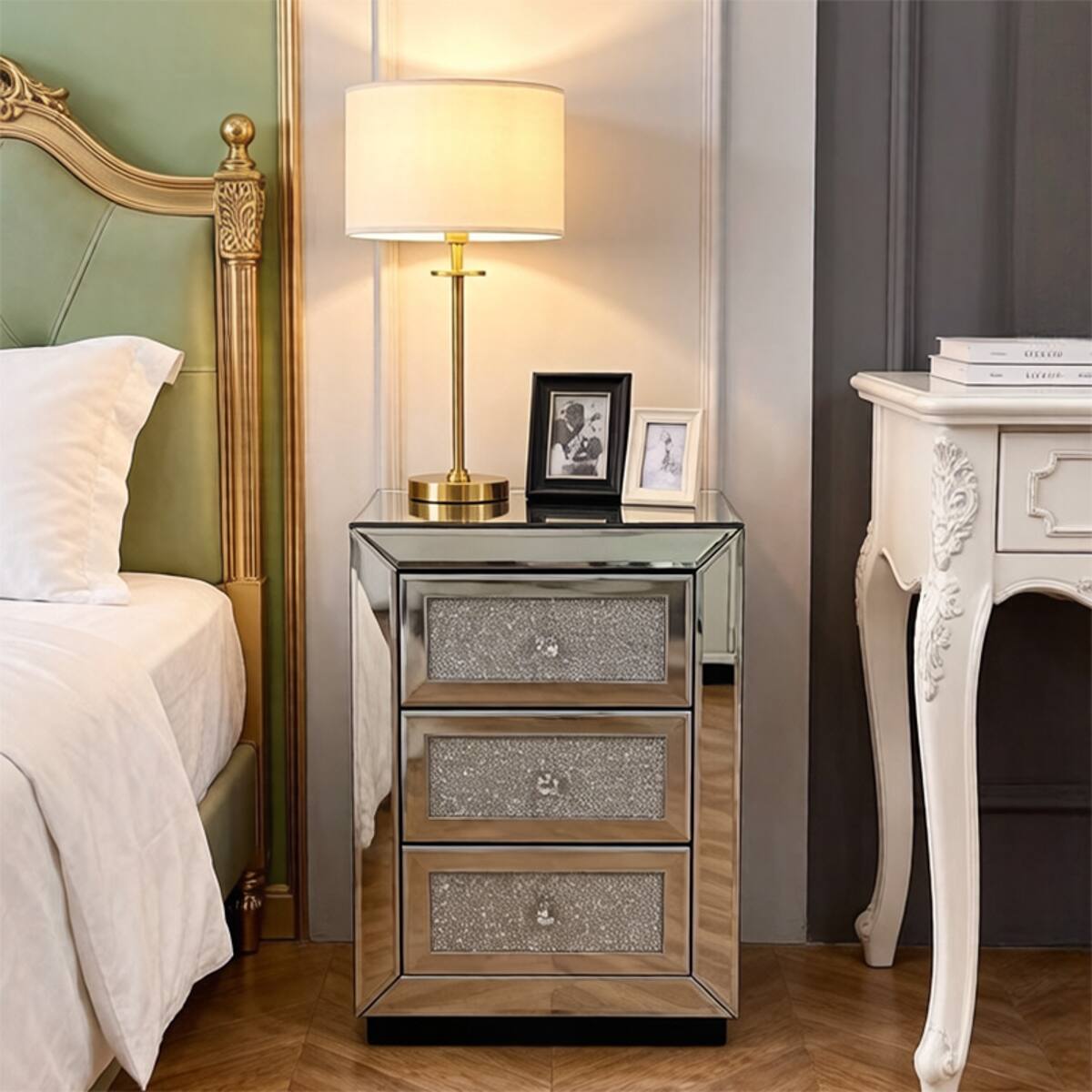 Angle. Loheer - Loheer 3 Drawer Mirrored Nightstand, Silver Bedroom Side Table with Crystal Handles - Silver.