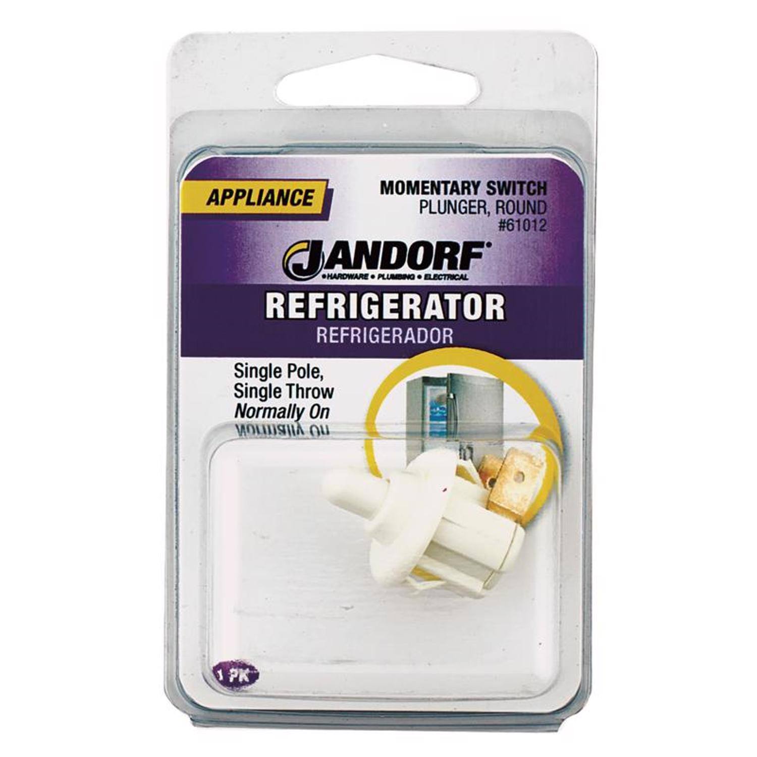 MOMENTARY SWITCH APPLIANCE PLUNGER, ROUND #61012  
JANDORF HARDWARE . PLUMBING . ELECTRICAL  
REFRIGERATOR  
REFRIGERADOR  
Single Pole, Single Throw Normally On  
1 PK