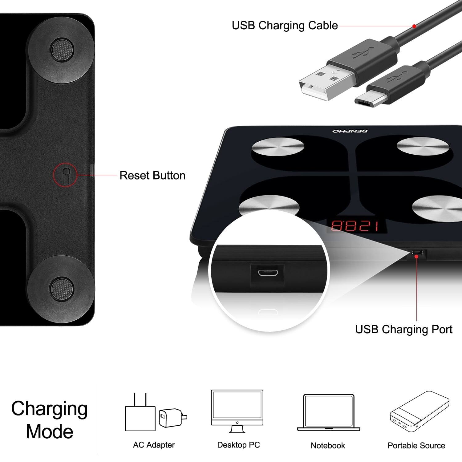 USB Charging Cable  
Reset Button  
USB Charging Port  
Charging Mode  
AC Adapter  
Desktop PC  
Notebook  
Portable Source