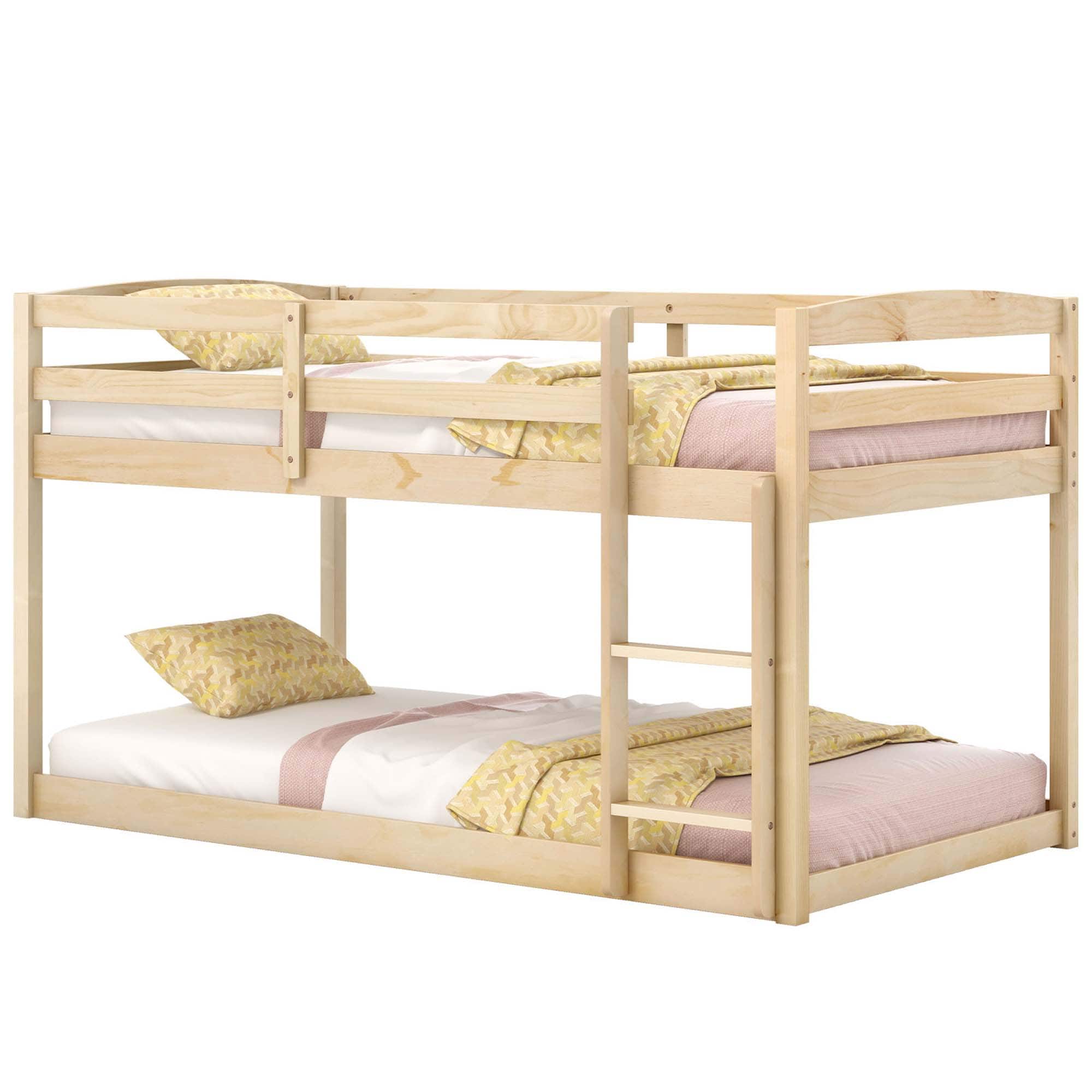 Costway - Twin over Twin Low Bunk Bed with Guardrails Integrated Ladder Kids Wooden - Beige