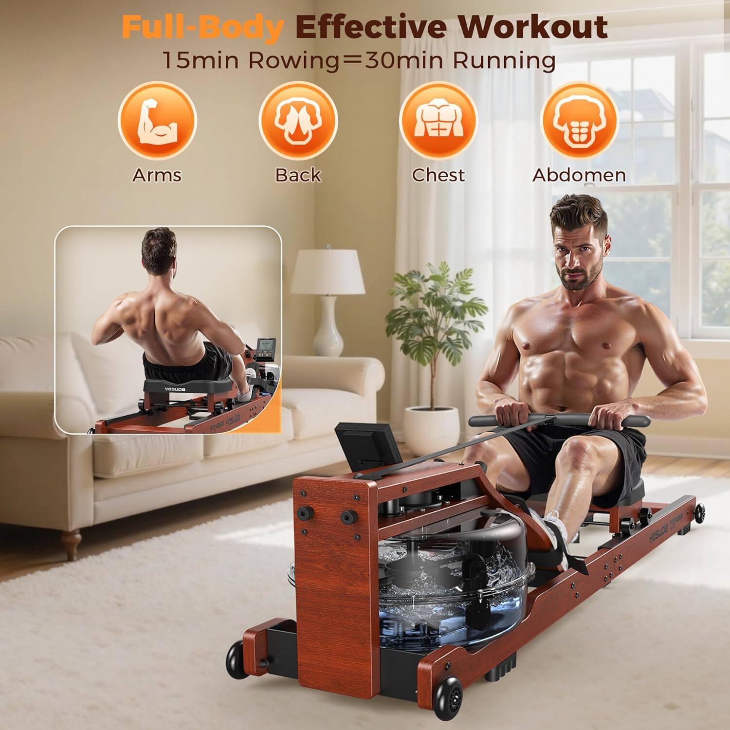 Full-Body Effective Workout  
15min Rowing = 30min Running  
Arms  
Back  
Chest  
Abdomen