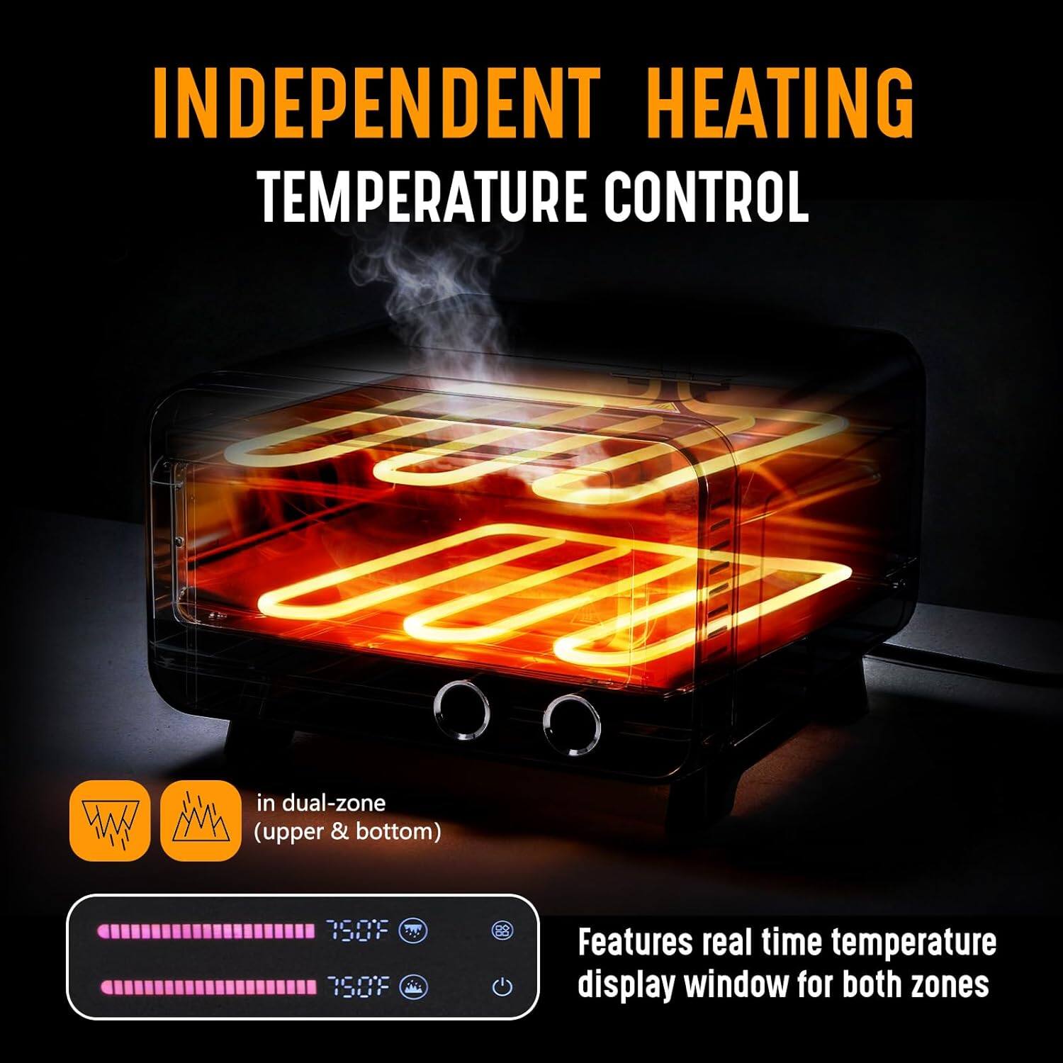 INDEPENDENT HEATING TEMPERATURE CONTROL

in dual-zone (upper & bottom)

750°F 750°F

Features real time temperature display window for both zones