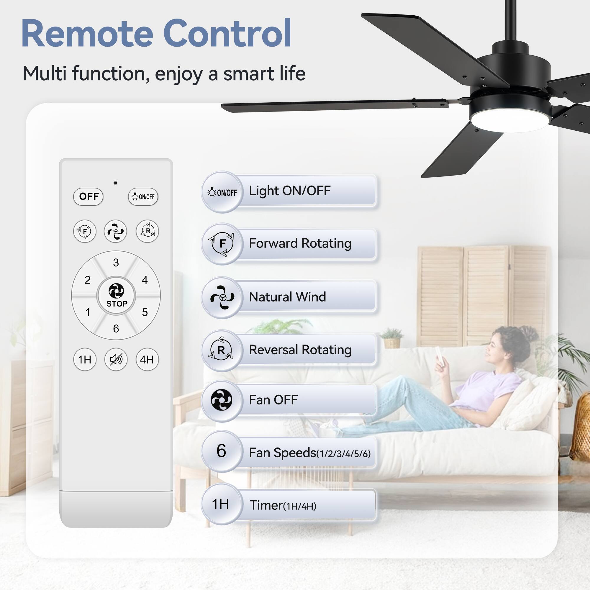 Remote Control  
Multi function, enjoy a smart life  

- OFF  
- ON/OFF  
- Light ON/OFF  
- Forward Rotating  
- Natural Wind  
- Reversal Rotating  
- Fan OFF  
- Fan Speeds (1/2/3/4/5/6)  
- Timer (1H/4H)  

Buttons:  
- OFF  
- ON/OFF  
- Light ON/OFF  
- Forward Rotating  
- Natural Wind  
- Reversal Rotating  
- Fan OFF  
- Fan Speeds (1/2/3/4/5/6)  
- Timer (1H/4H)