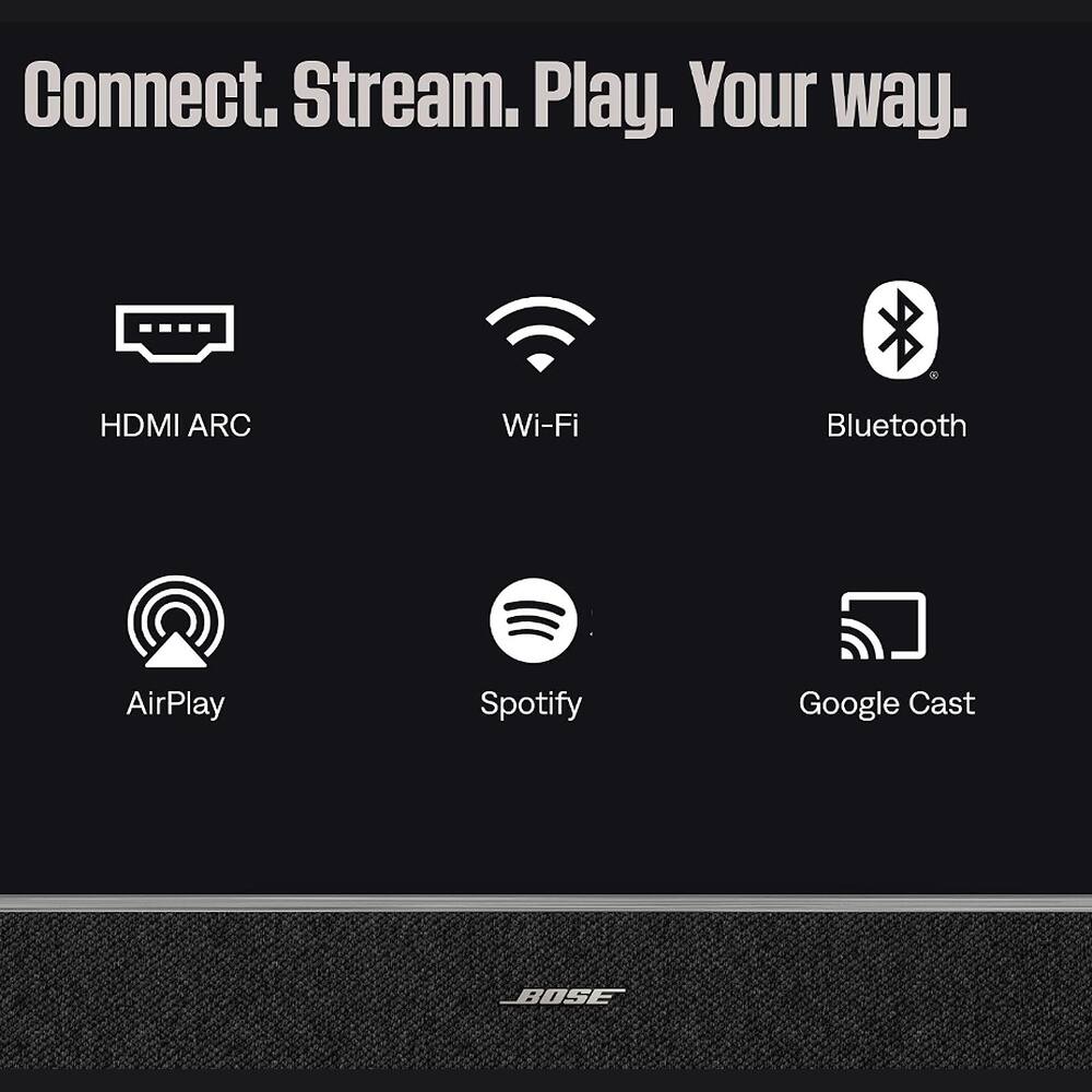 Connect. Stream. Play. Your way.

- HDMI ARC
- Wi-Fi
- Bluetooth
- AirPlay
- Spotify
- Google Cast

BOSE