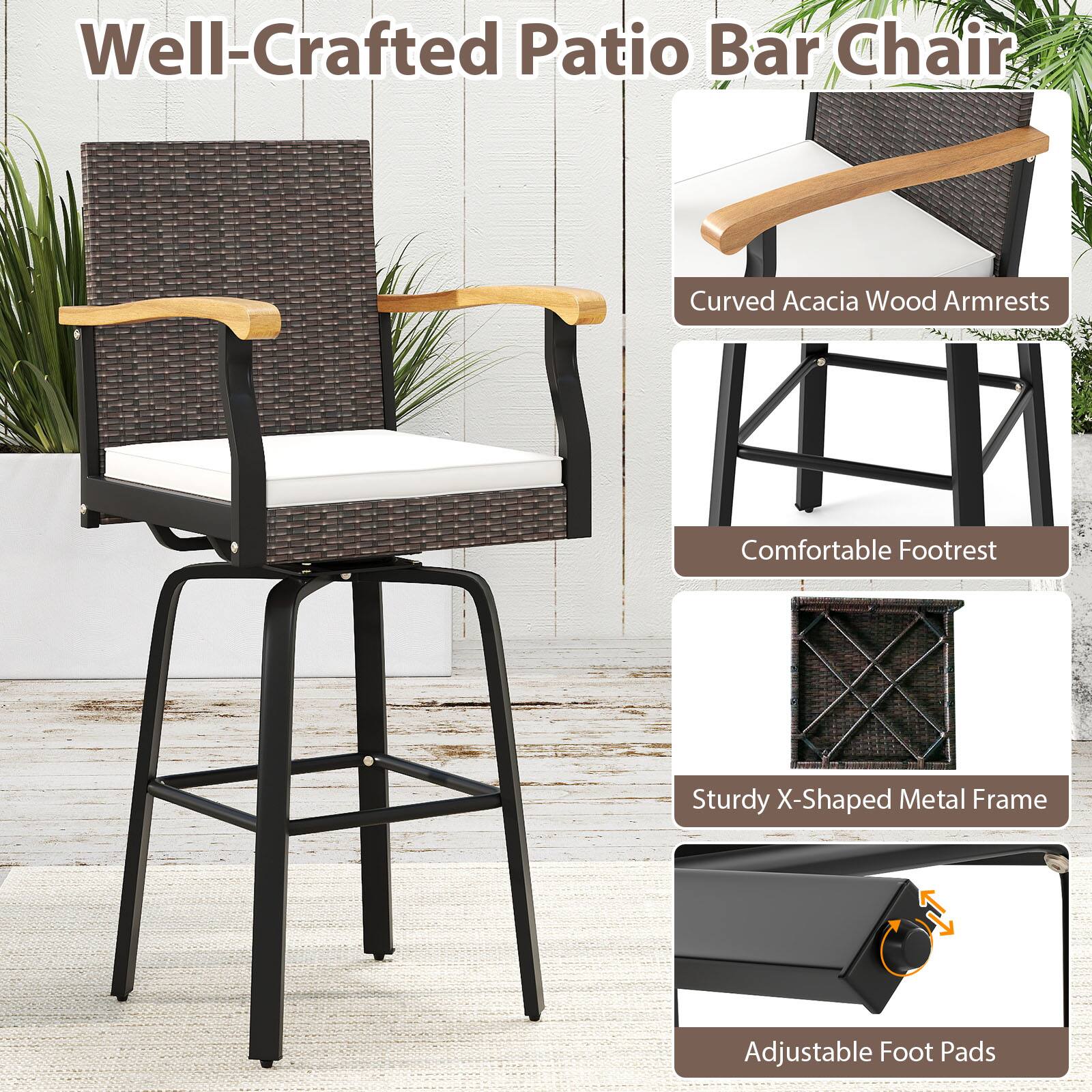 Well-Crafted Patio Bar Chair

- Curved Acacia Wood Armrests
- Comfortable Footrest
- Sturdy X-Shaped Metal Frame
- Adjustable Foot Pads