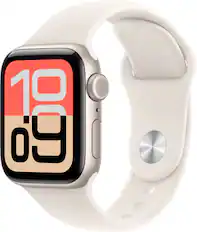 Front. Apple - Apple Watch SE 3 (GPS+Cellular) 40mm Aluminum Case with Starlight Sport Band - S/M - Starlight.