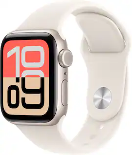 Front. Apple - Apple Watch SE 3 (GPS+Cellular) 40mm Aluminum Case with Starlight Sport Band - S/M - Starlight.