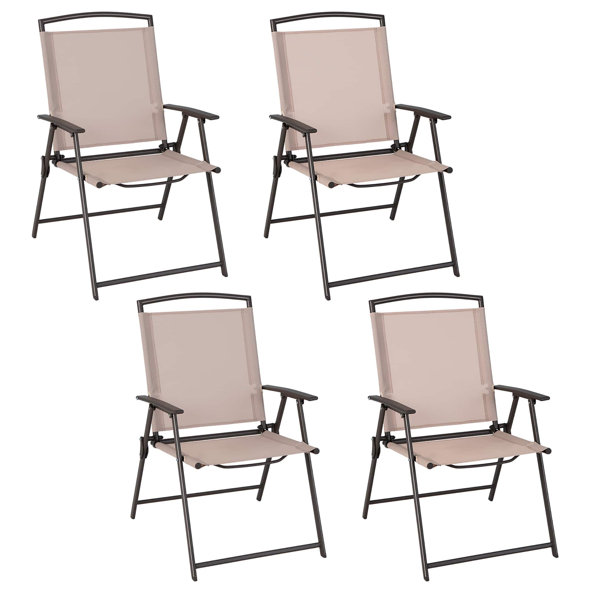 Costway - 4 pcs Patio Folding Sling Dining Chairs Armrests Steel Frame Outdoor - Beige
