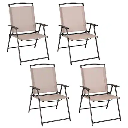 Front. Costway - Costway 4 pcs Patio Folding Sling Dining Chairs Armrests Steel Frame Outdoor - Beige.