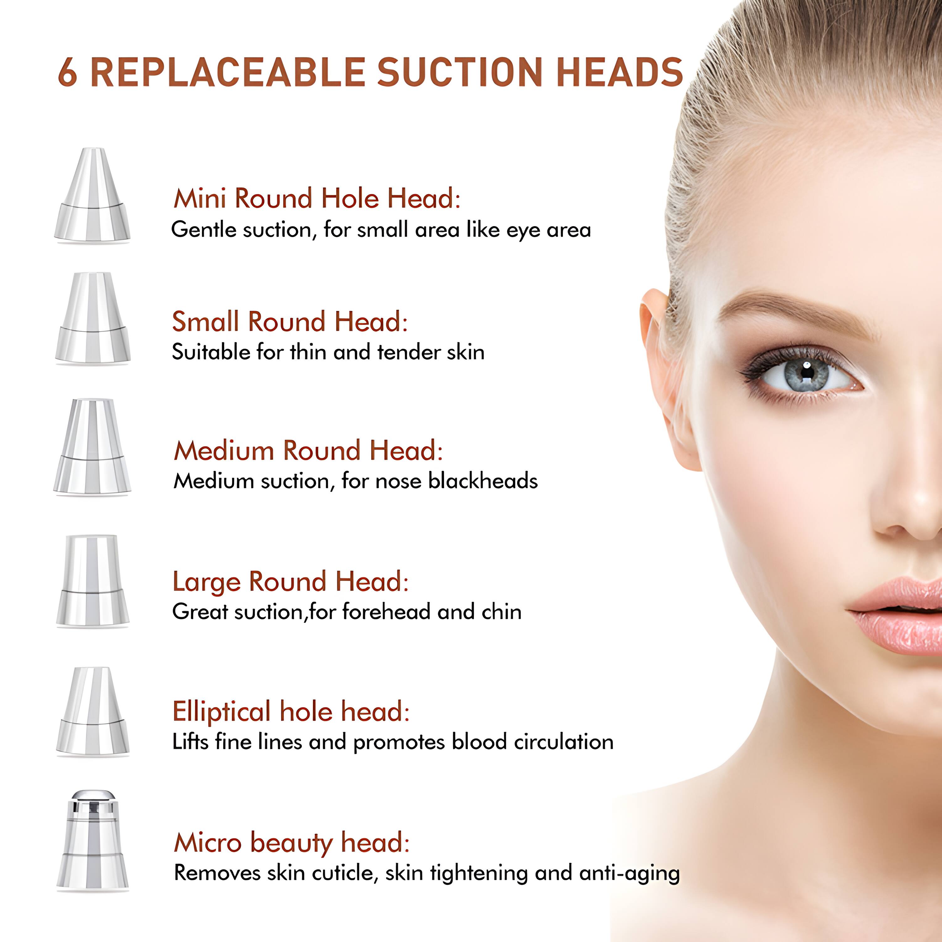 6 REPLACEABLE SUCTION HEADS

Mini Round Hole Head: Gentle suction, for small area like eye area

Small Round Head: Suitable for thin and tender skin

Medium Round Head: Medium suction, for nose blackheads

Large Round Head: Great suction, for forehead and chin

Elliptical hole head: Lifts fine lines and promotes blood circulation

Micro beauty head: Removes skin cuticle, skin tightening and anti-aging