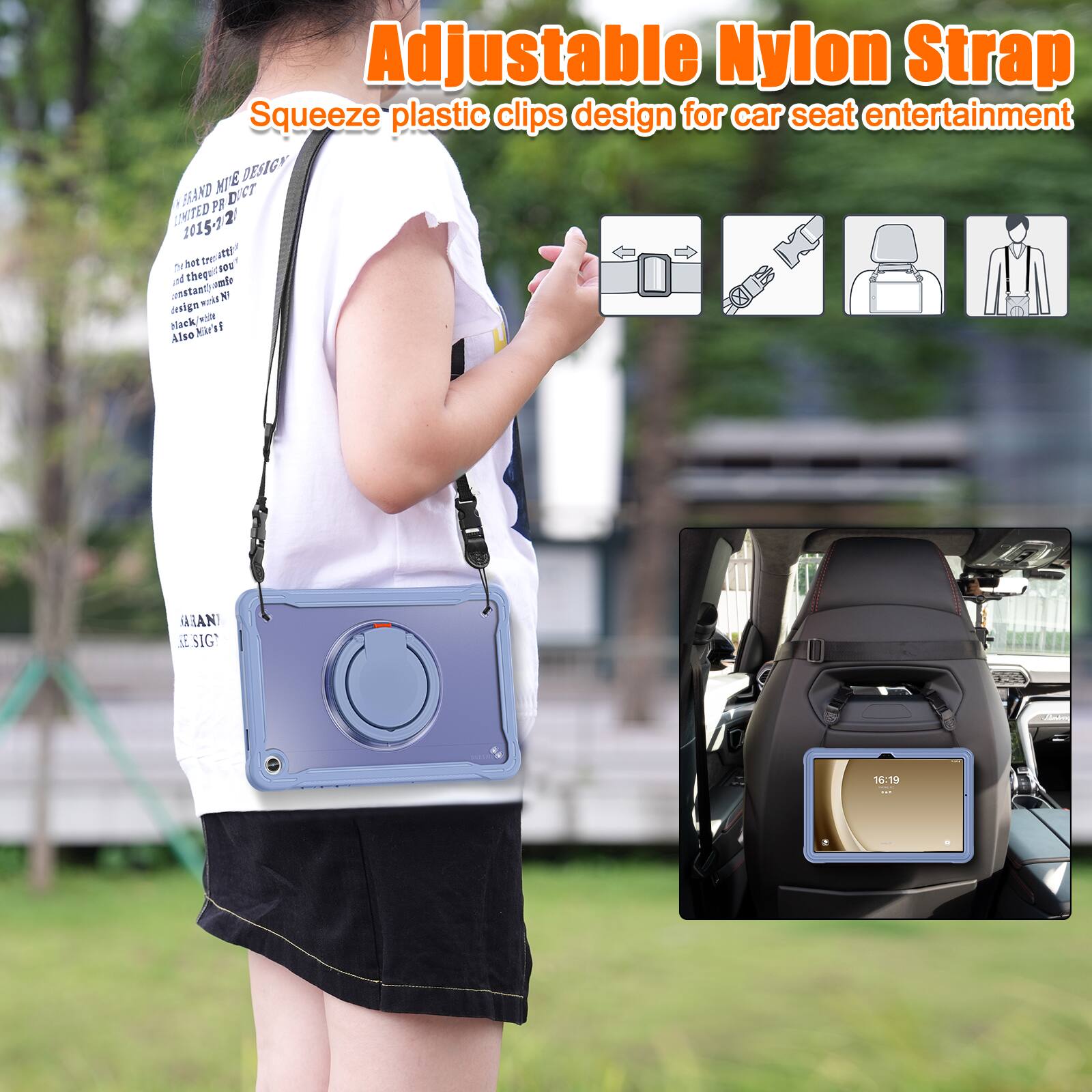 Adjustable Nylon Strap  
Squeeze plastic clips design for car seat entertainment  

DESIGN BRAND  
2015-12  

Also Karrt  
AIAN  
16:19
