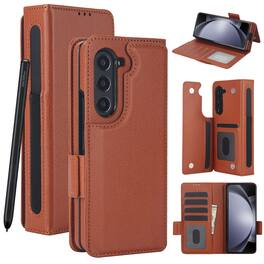 Dteck - For Samsung Galaxy Z Fold8 Ultra Wallet Case Shockproof PU Leather Pen Holder Card Slots Magnetic Clasp Kickstand Cover - Brown