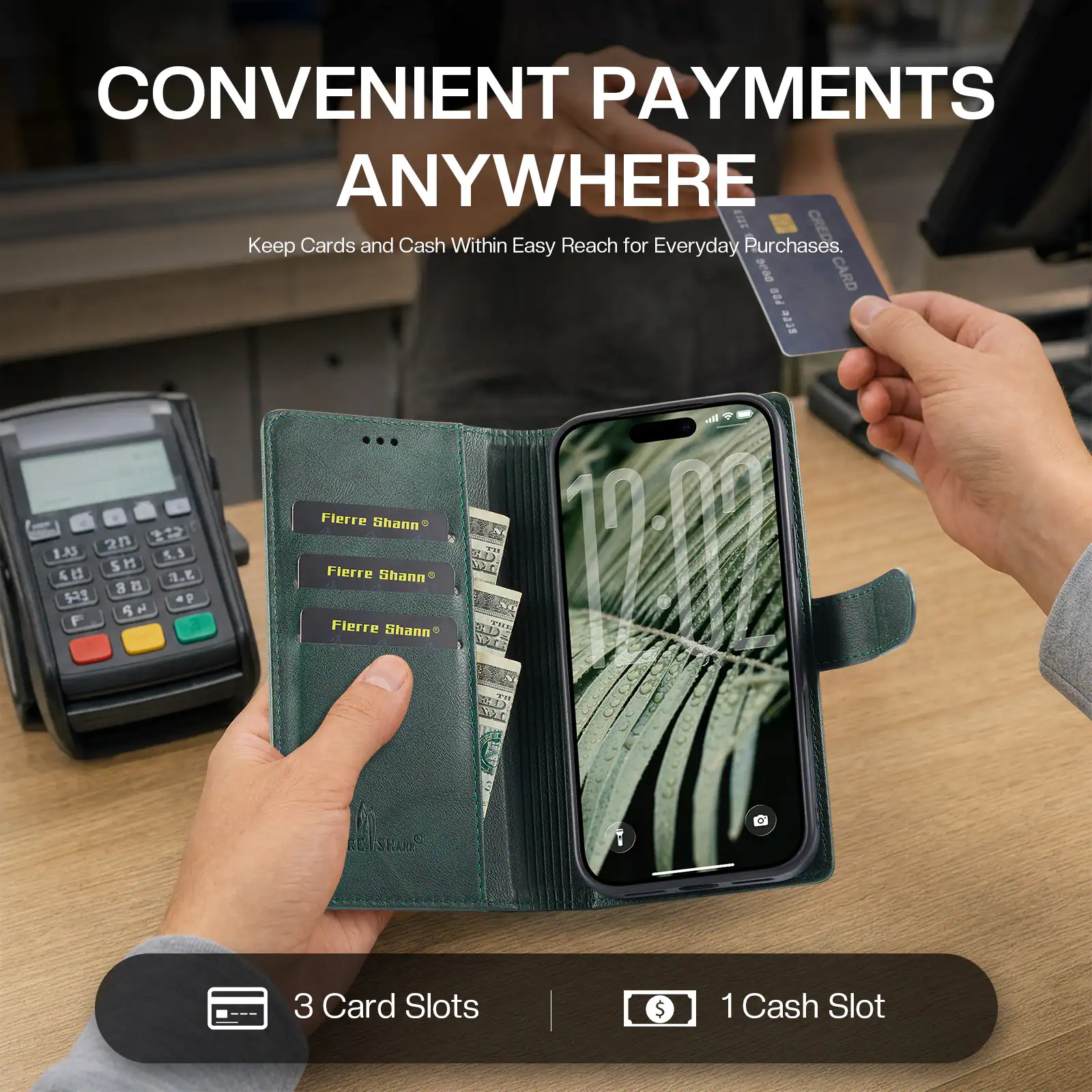 CONVENIENT PAYMENTS ANYWHERE  
Keep Cards and Cash Within Easy Reach for Everyday Purchases.  
9699 CARD FOO 2233  
1 2n 5.3 4 a.e 8 8 op 8 N F  
Fierre Shann TIA 10.00 WARD Fierre SPICK Shann Fierre Shann WILD THE YOUR  
NDA  
REISEURS  
0  
3 Card Slots  
$ 1 Cash Slot