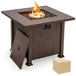 Costway - 32" Patio Square Fire Pit Table 50,000 BTU Propane Gas Table with Lid & Lava Rocks - Brown