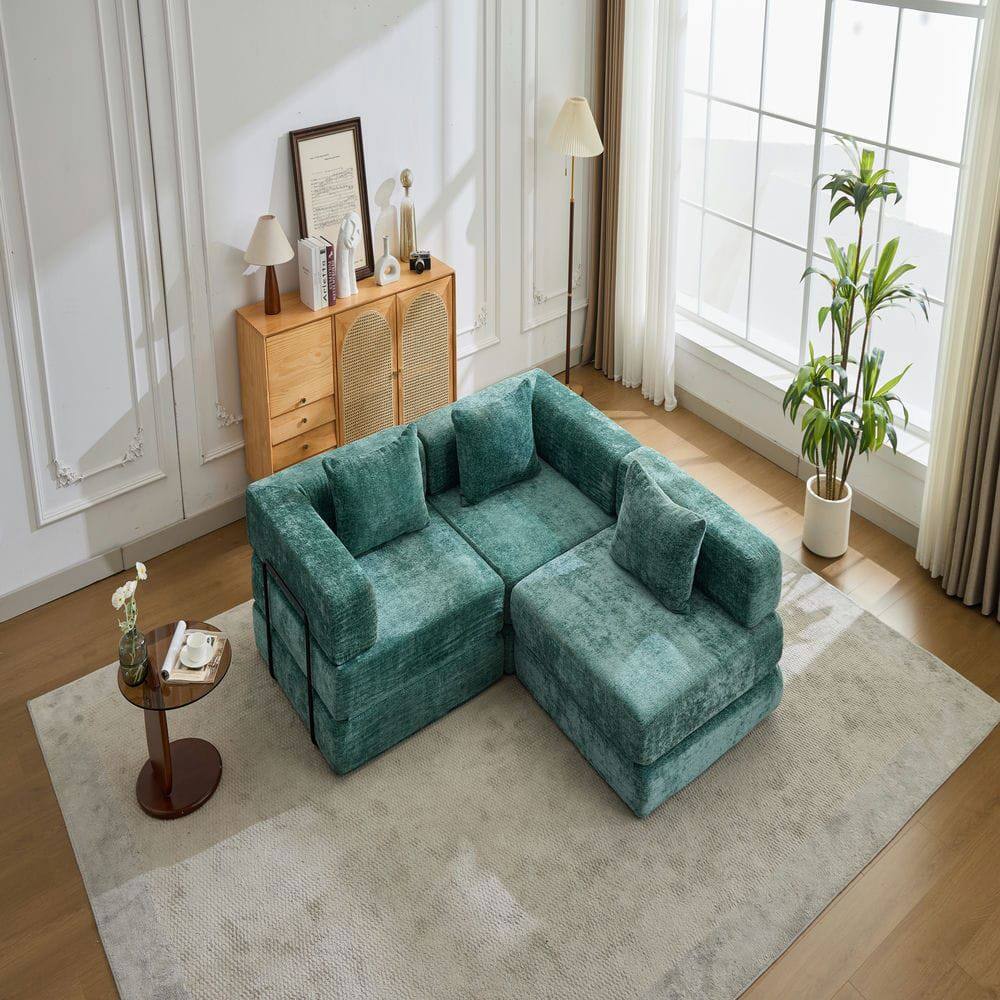 Alt View 9. Resenkos - Boneless Modular Sectional Sofa, Convertible Floor Bed with Fixed Frame and Chenille Fabric, Dark Green - Green.