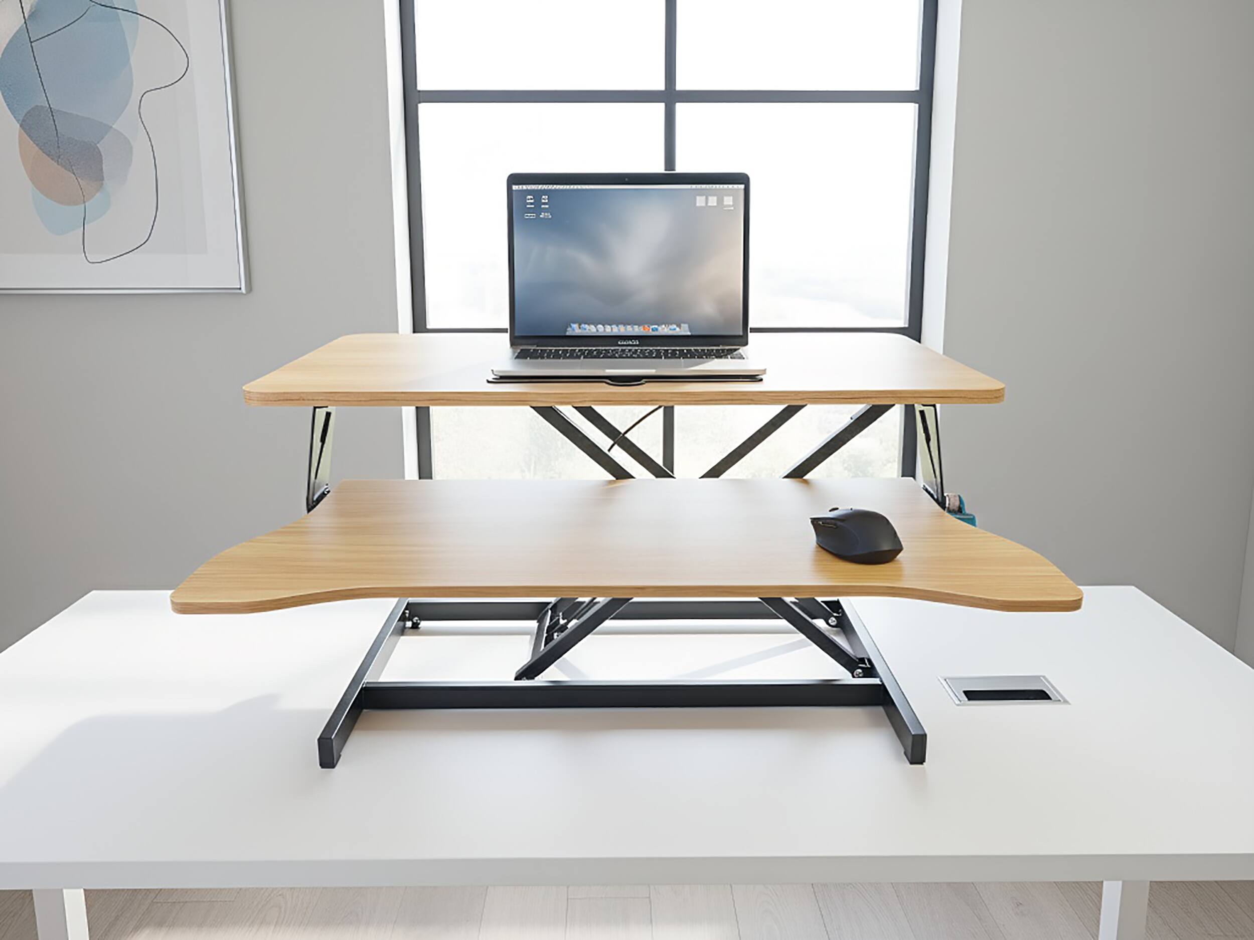 Left. Aukfa - 32" Height Adjustable Desk Converter - Dual Monitor & Laptop Workstation, Wide Keyboard Tray. - Natural.