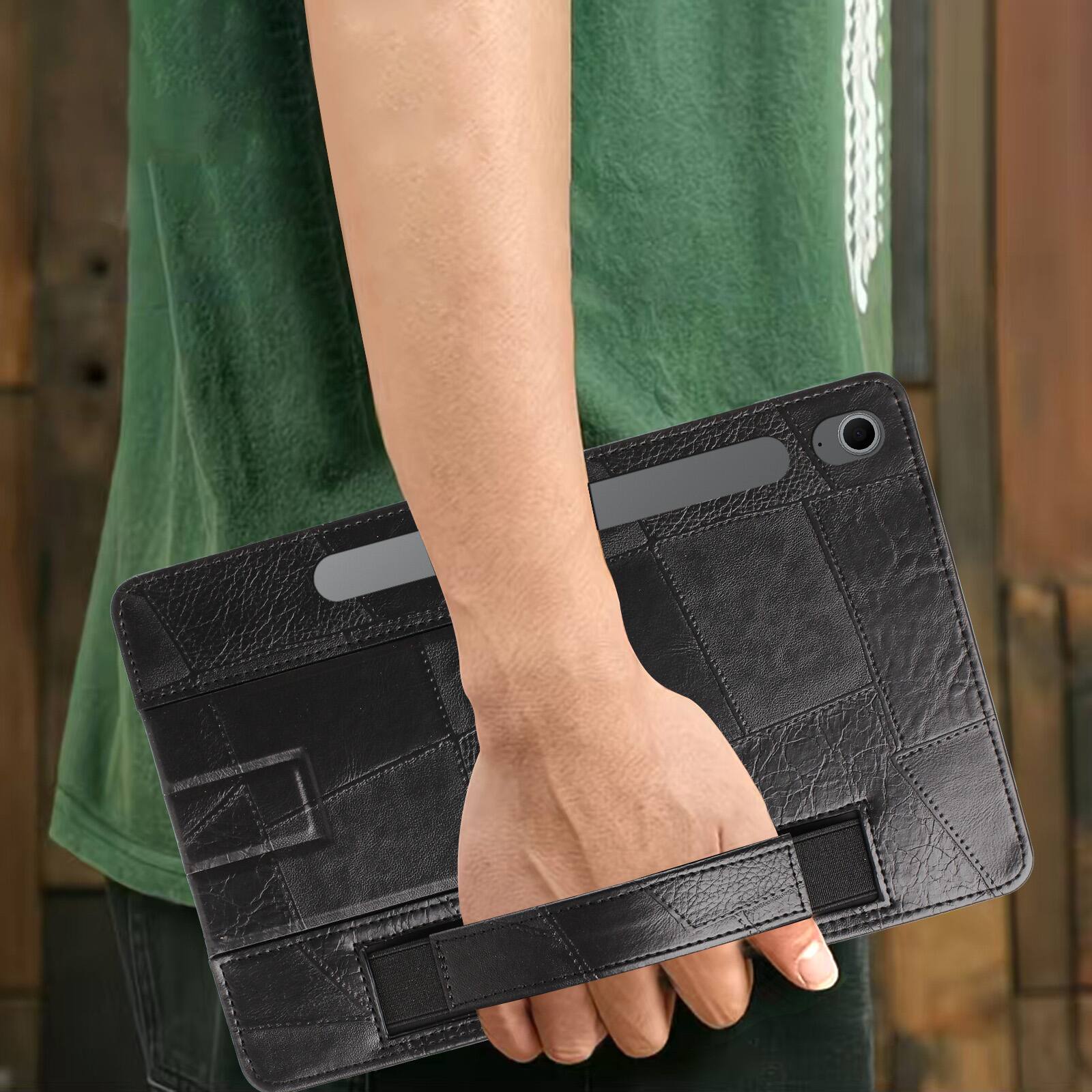 Alt View 3. Dteck - Leather Texture Case for Samsung Galaxy Tab S10 FE, Shockproof Cover with Multi-Angle Stand and Secure Hand Strap - Black.