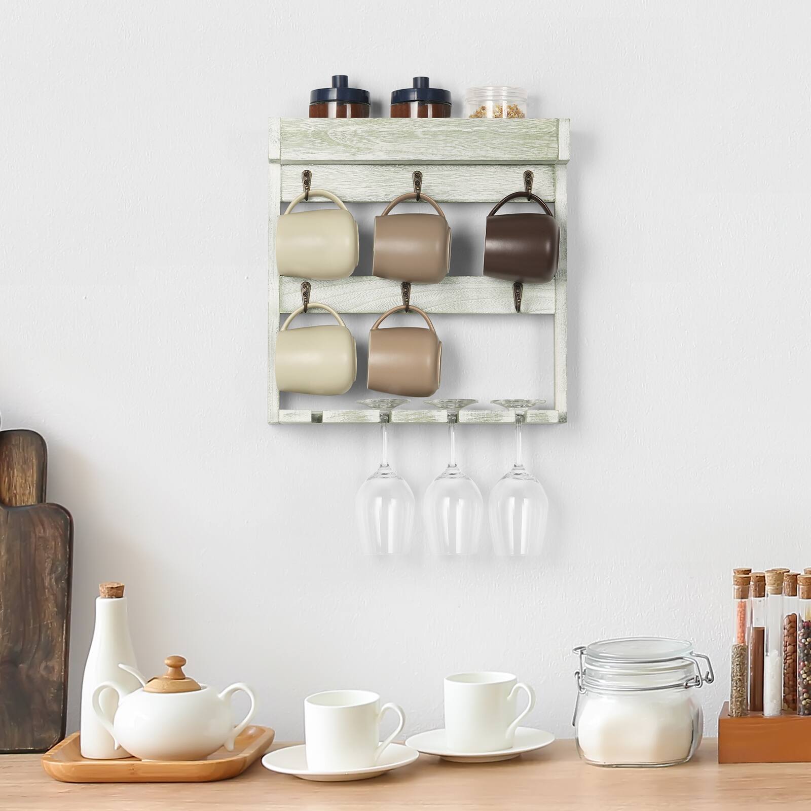 Back. Oumilen - Distressed White Green Wash Wood Wall Mount Mug Rack, 6 Hooks Cup Holder with Wine Glass Slots for Coffee Bar - White.