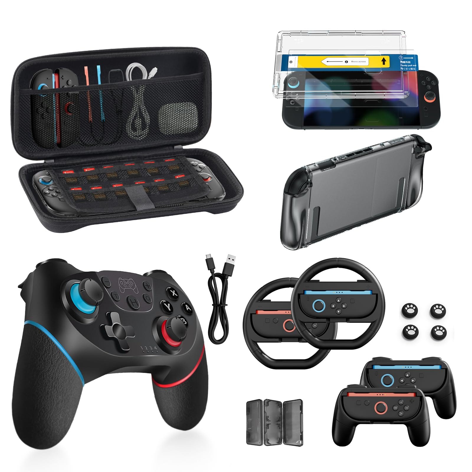 Reds Spade - 2 Pro Controllers Accessories Bundle For 17-in-1 Carrying Case Screen Protector Thumb Grip Joycon Dockable - Black Controller (Leather Wrapped)