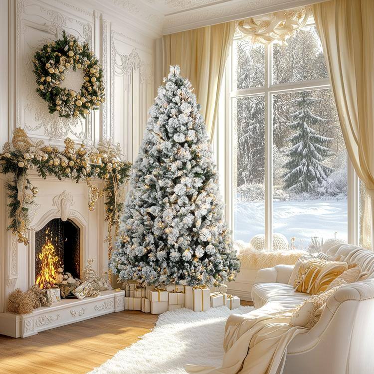Alt View 2. PULUZ - 7.5 ft Prelit Flocked Artificial Christmas Tree with 500 Clear Lights, 1530 Tips, Metal Stand for Home Office Holiday - Green.