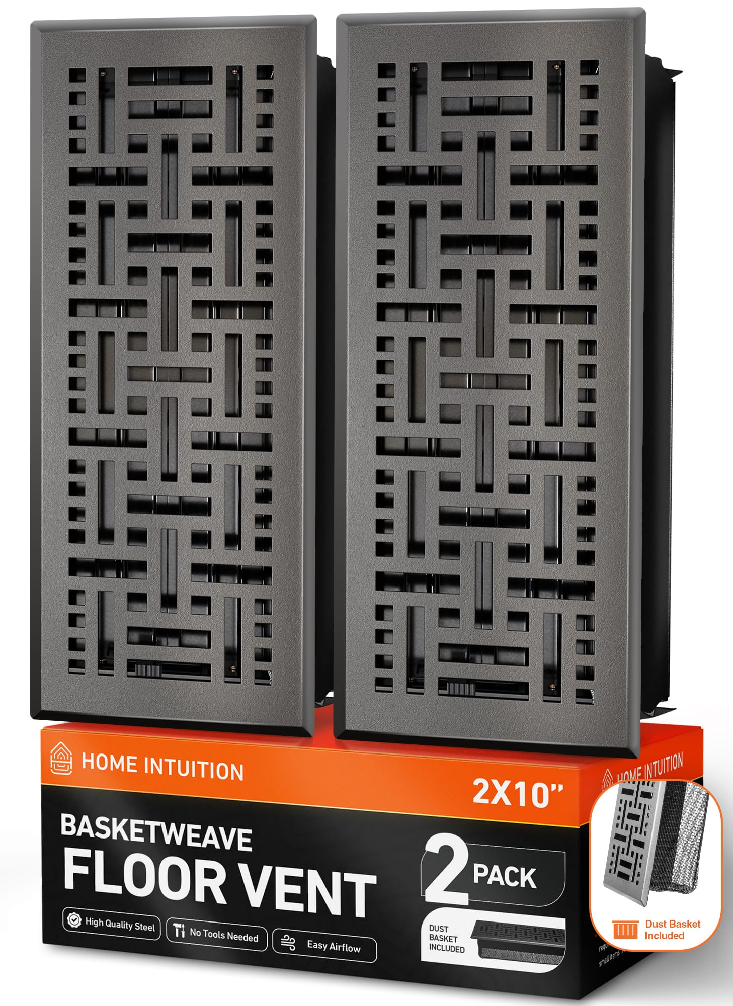 Home Intuition - Basketweave Floor Vent Covers 4X10 Inch with Mesh Cover, Heat and Air for HVAC, Dark Grey, 2-Pack - Dark Gray