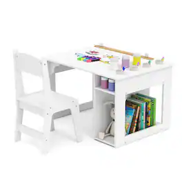 Gymax - Kid's Art Table & Chair Set w/ Paper Roll 4 Paint Cups & 2 Storage Shelves - White