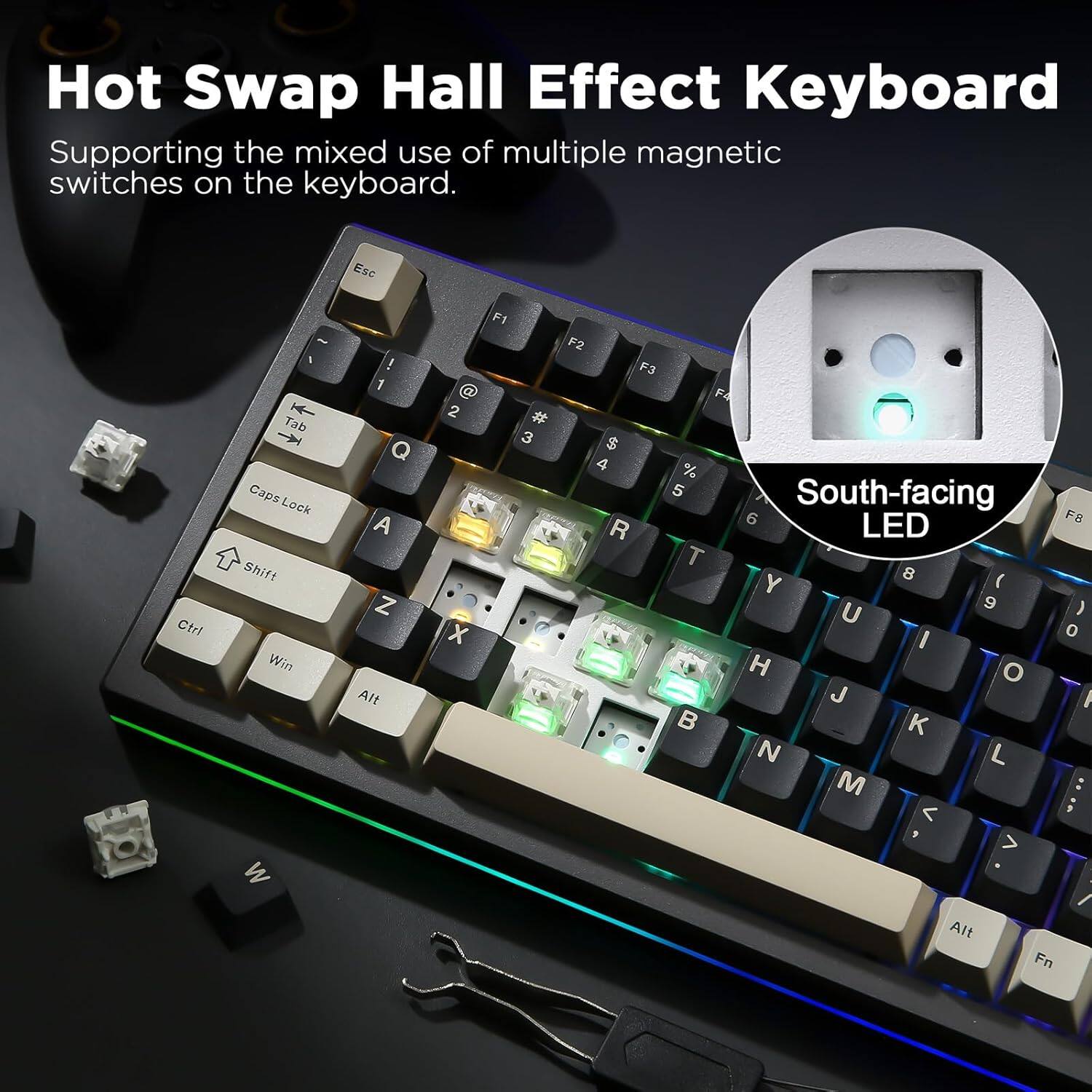 Hot Swap Hall Effect Keyboard
Supporting the mixed use of multiple magnetic switches on the keyboard. 

Esc Ctrl - Tab Caps Lock Shift Win ! 1 Q A Z Alt 2 x F1 # 3 F2 F3 $ 4 R F4 % 5 6 T 7 Y 8 U I O J K L M < > F8 ) 0 / : Alt Fn -