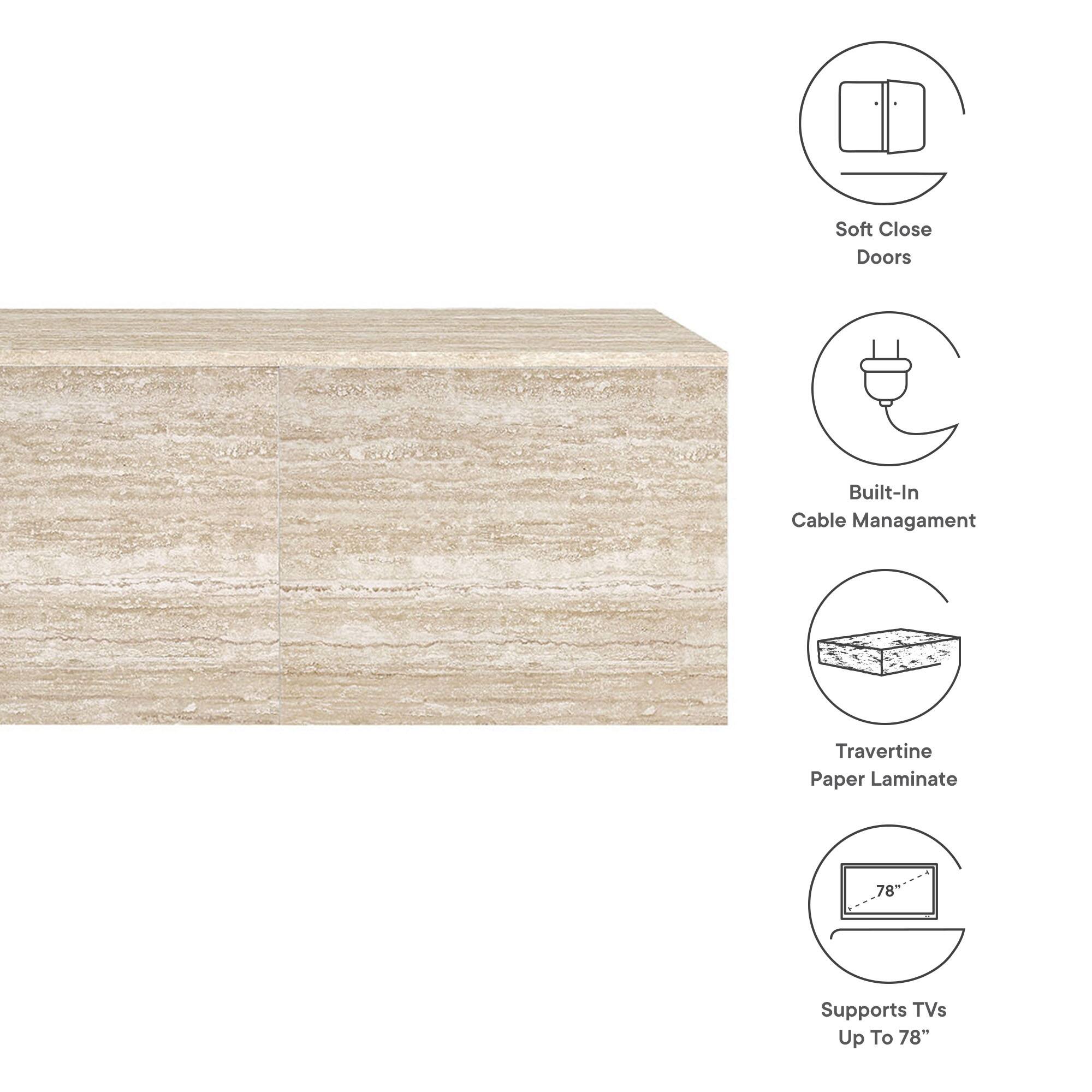 - Soft Close Doors
- Built-In Cable Management
- Travertine Paper Laminate
- Supports TVs Up To 78"