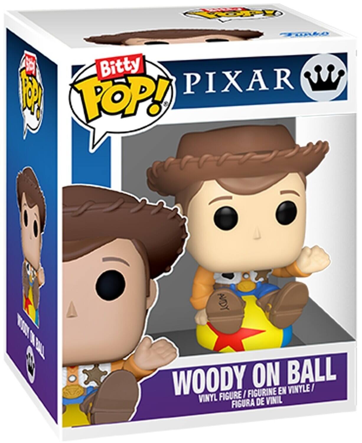 The corrected text is: "Bitty Pop! Pixar Woody on Ball Vinyl Figure / Figurine en Vinyle / Figura de Vinil."