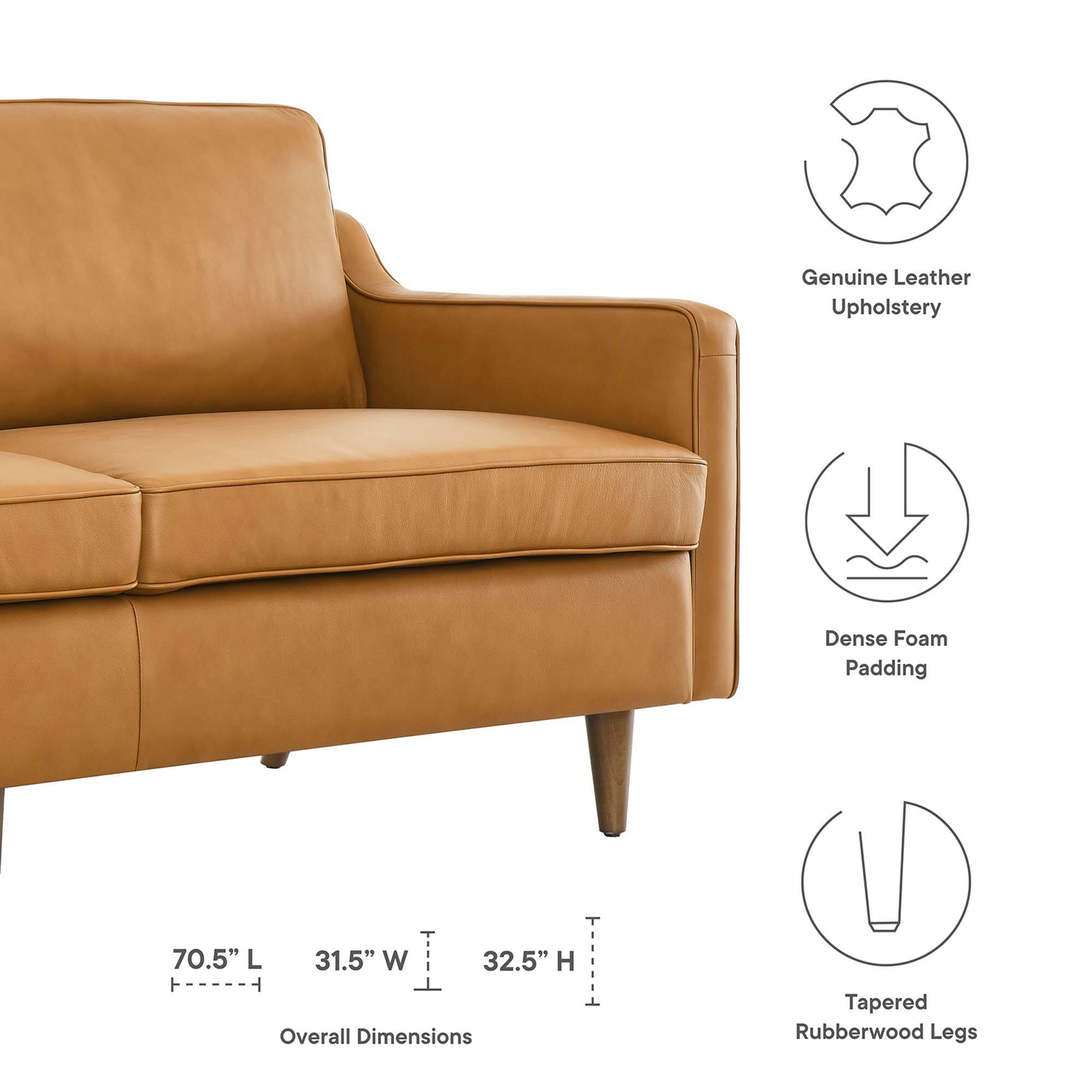 Genuine Leather Upholstery  
Dense Foam Padding  
Tapered Rubberwood Legs  

Overall Dimensions:  
70.5" L x 31.5" W x 32.5" H