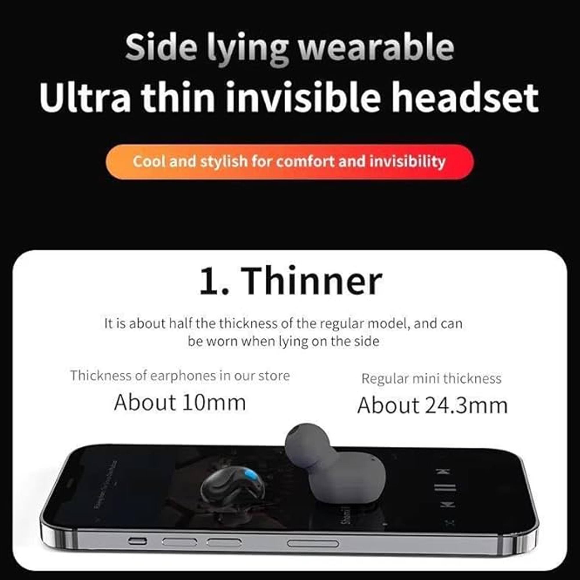 Side lying wearable Ultra thin invisible headset  
Cool and stylish for comfort and invisibility  

1. Thinner  
It is about half the thickness of the regular model, and can be worn when lying on the side  

Thickness of earphones in our store: About 10mm  
Regular mini thickness: About 24.3mm