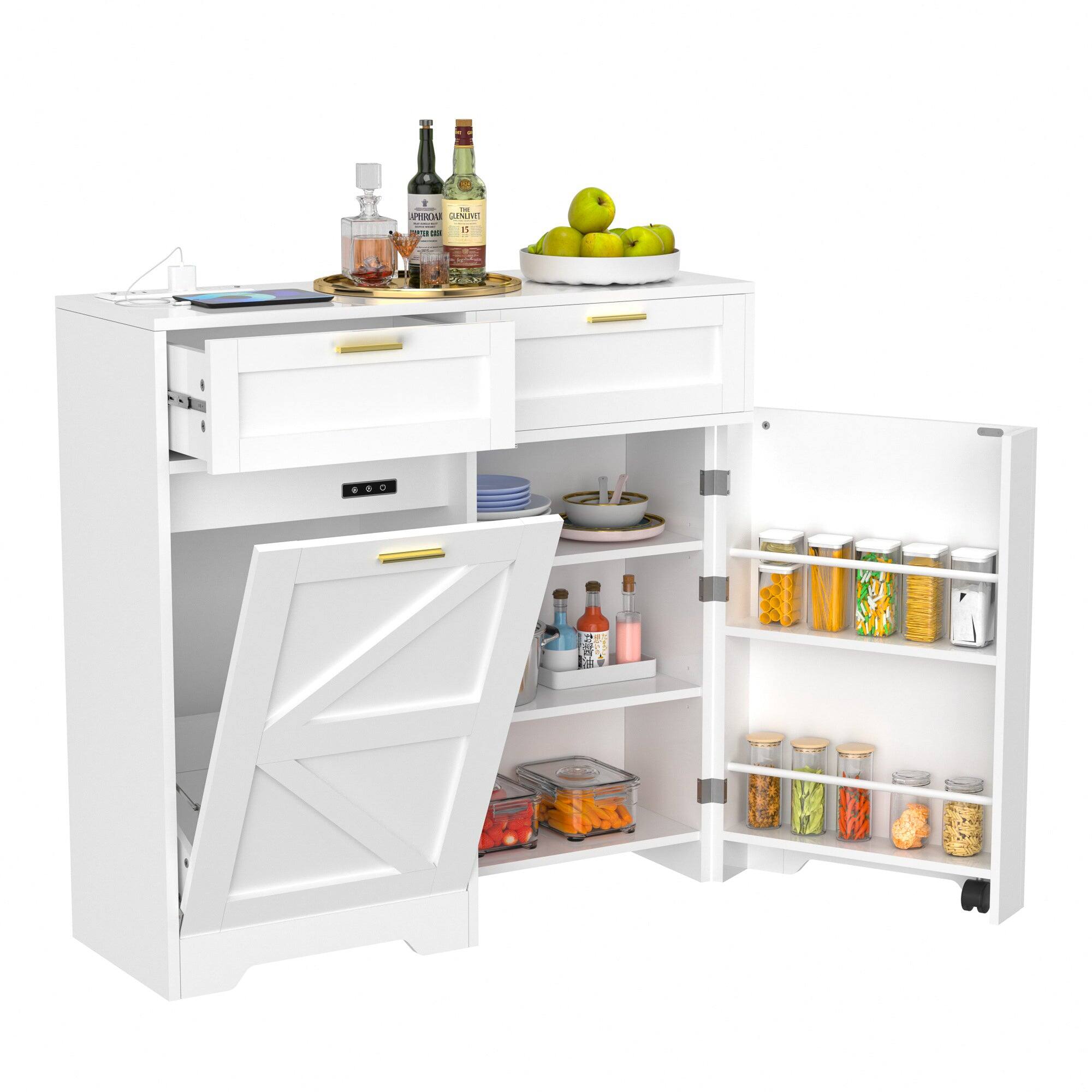 Vecelo - Kitchen Trash Cabinet Storage Cabinet with USB Charging Station - 9 Gallon Hidden Garbage Can with Deodorizer - White