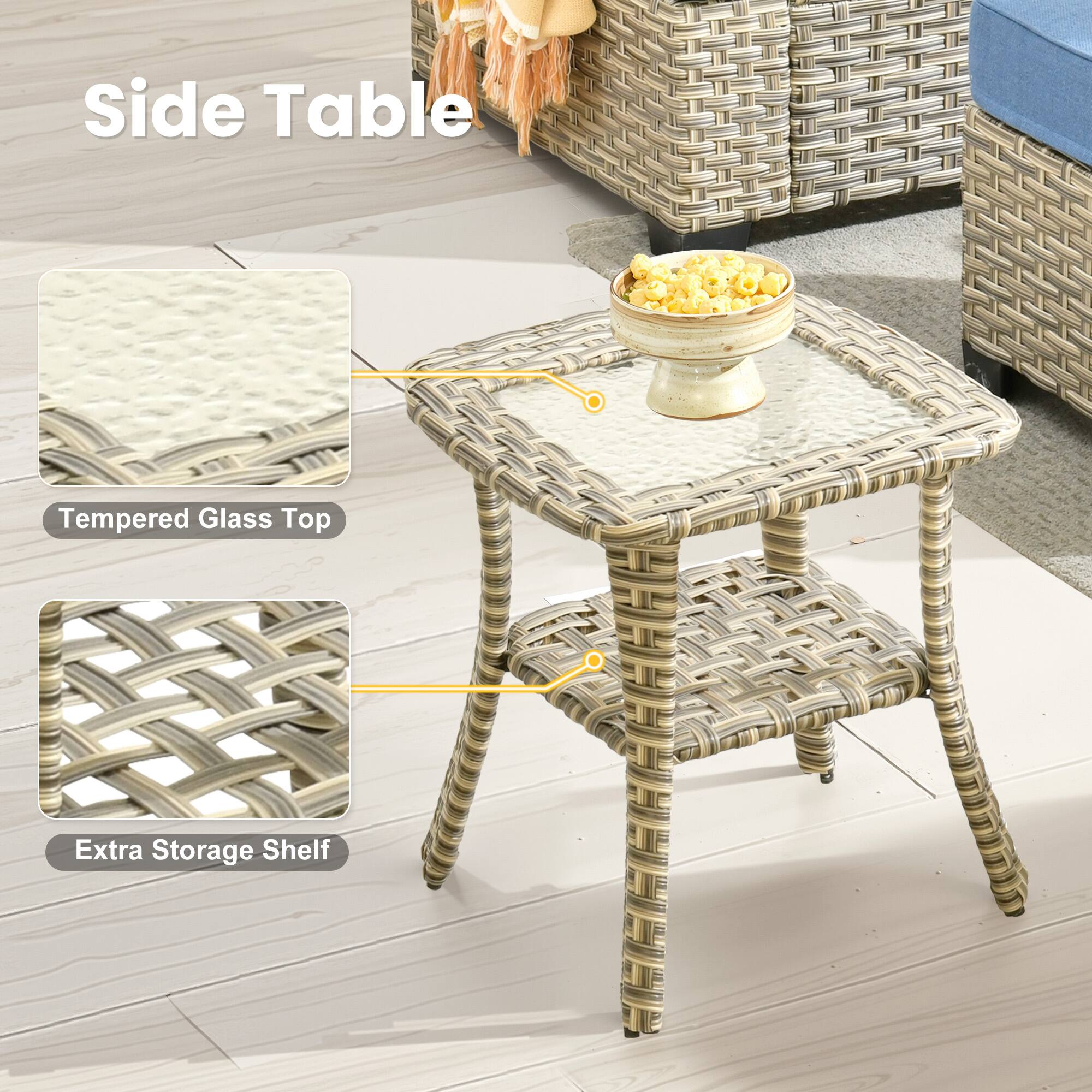 Side Table

- Tempered Glass Top
- Extra Storage Shelf