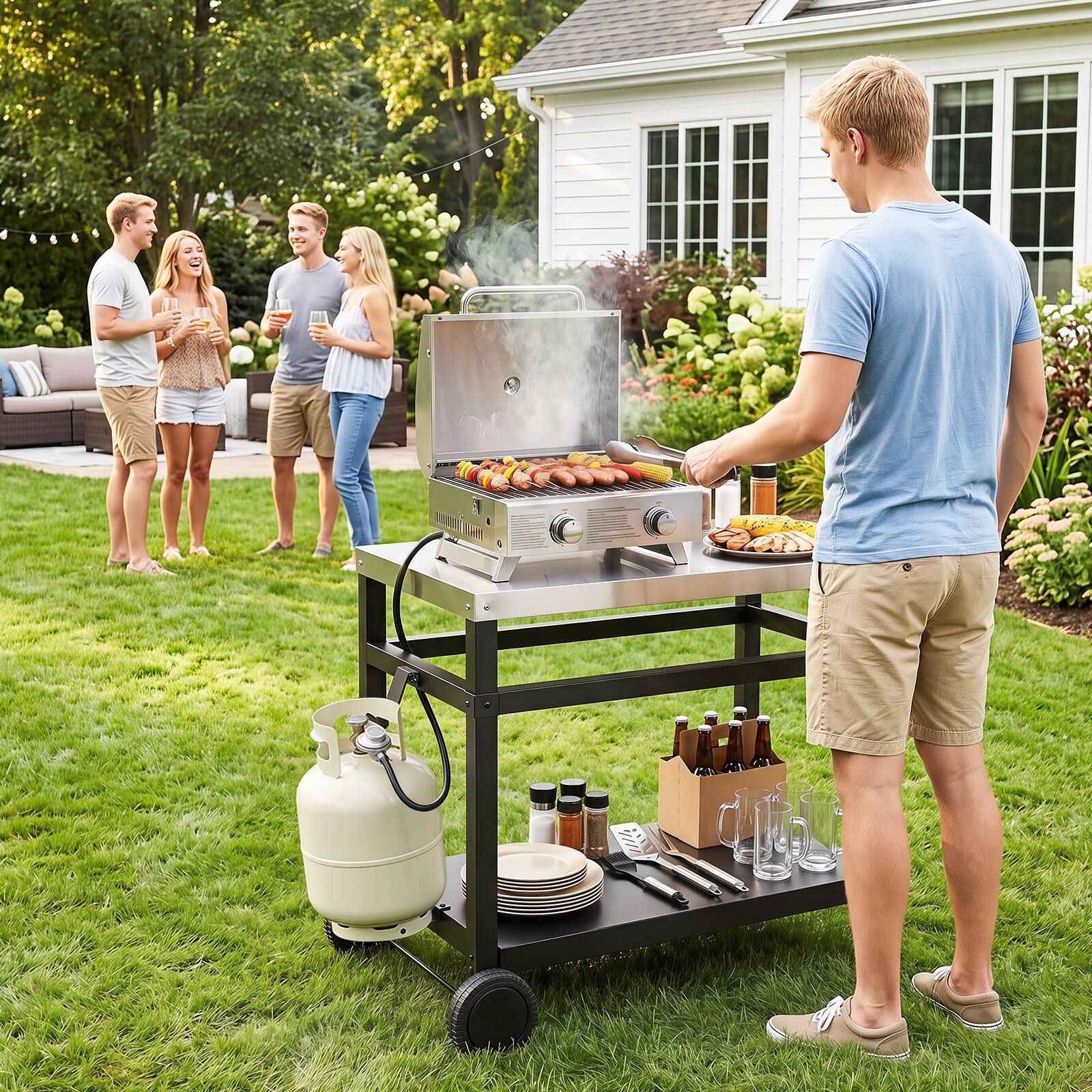 Alt View 4. Gymax - Gymax Double-Shelf Grill Table w/Tank Holder Side Handle 34'' x 20'' Stainless Steel Top - Black.