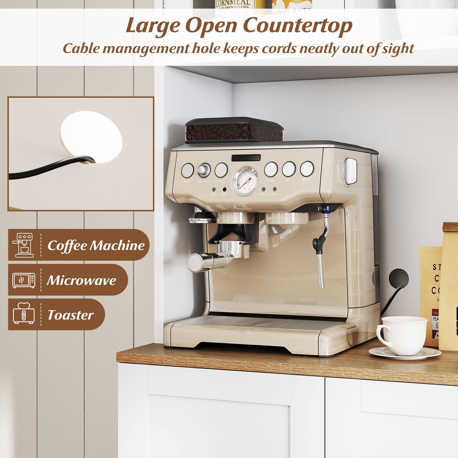 Large Open Countertop  
Cable management hole keeps cords neatly out of sight  

Coffee Machine  
Microwave  
Toaster