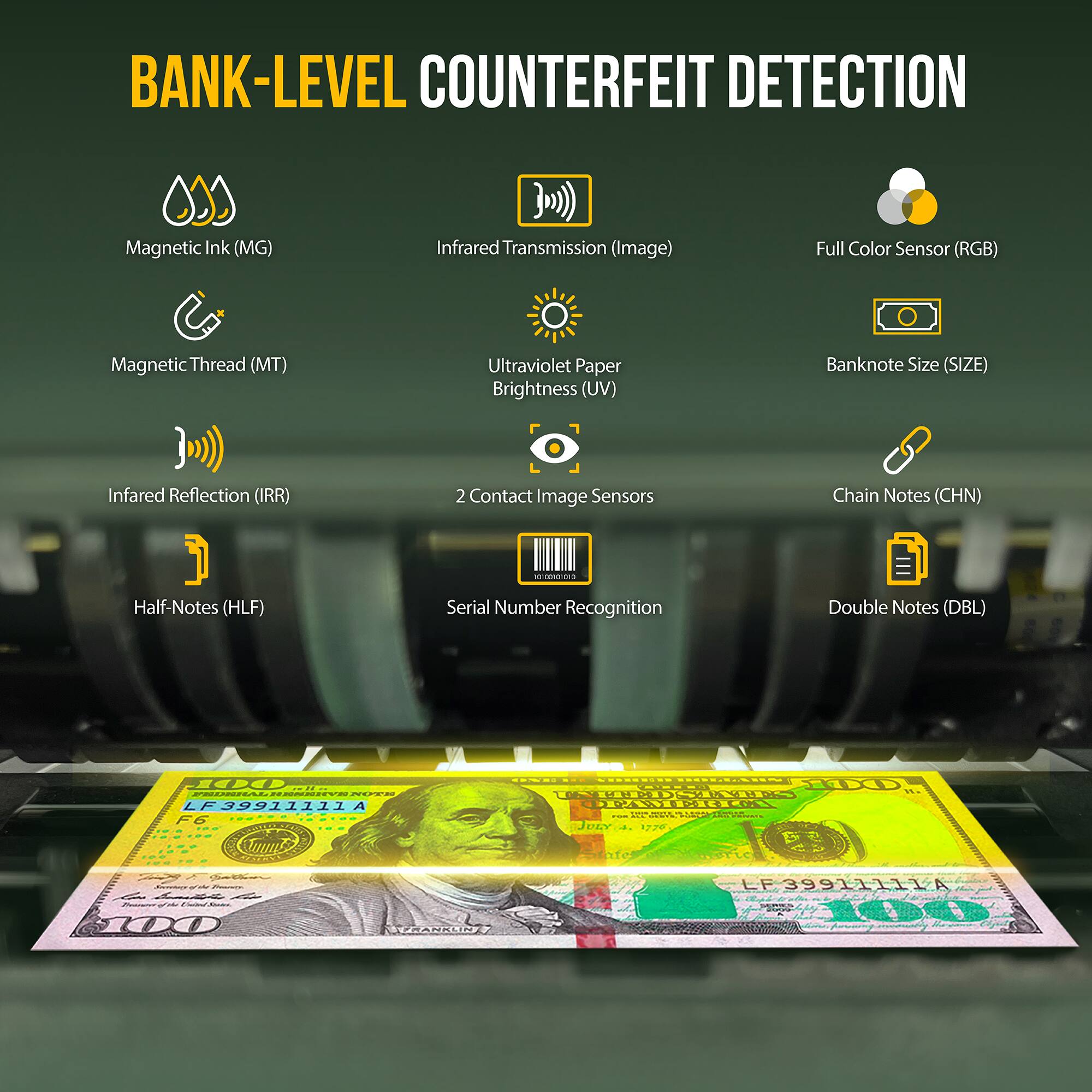 BANK-LEVEL COUNTERFEIT DETECTION

- Magnetic Ink (MG)
- Infrared Transmission (Image)
- Full Color Sensor (RGB)
- Magnetic Thread (MT)
- Ultraviolet Paper Brightness (UV)
- Banknote Size (SIZE)
- Infrared Reflection (IRR)
- 2 Contact Image Sensors
- Half-Notes (HLF)
- Serial Number Recognition
- Chain Notes (CHN)
- Double Notes (DBL)

1ED : PEUERAL CC LF F39911111A F6 | H R COPEERILO C JoIYA 8728 nfe 5 S LF 3991L111A 100 AAE