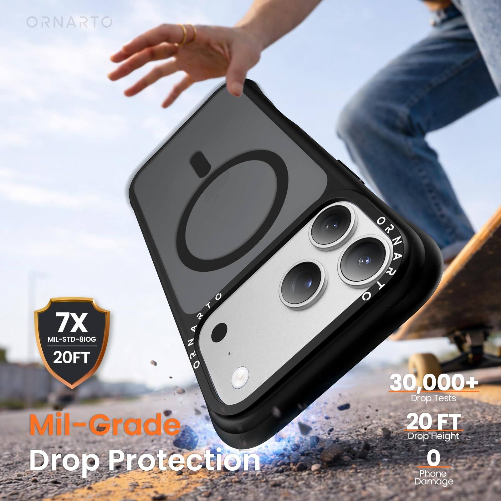 ORNARTO - O GANARTO  
7X ORNARTO MIL-STD-810G 20FT  
ORN 30,000+ Drop Tests  
Mil-Grade 20 FT Drop Height  
Drop Protection  
0 Phone Damage